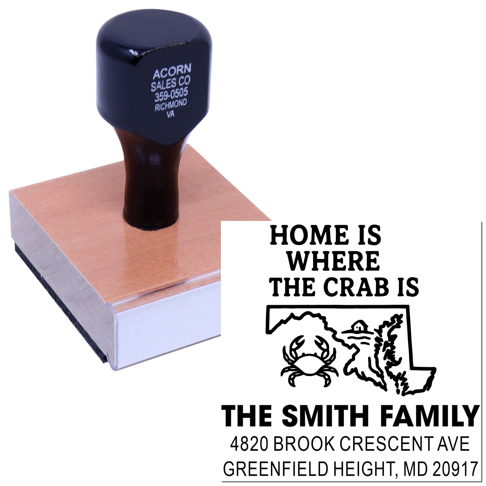 Custom rubber stamp with Maryland crab design, family name, and address for personalized home mail.