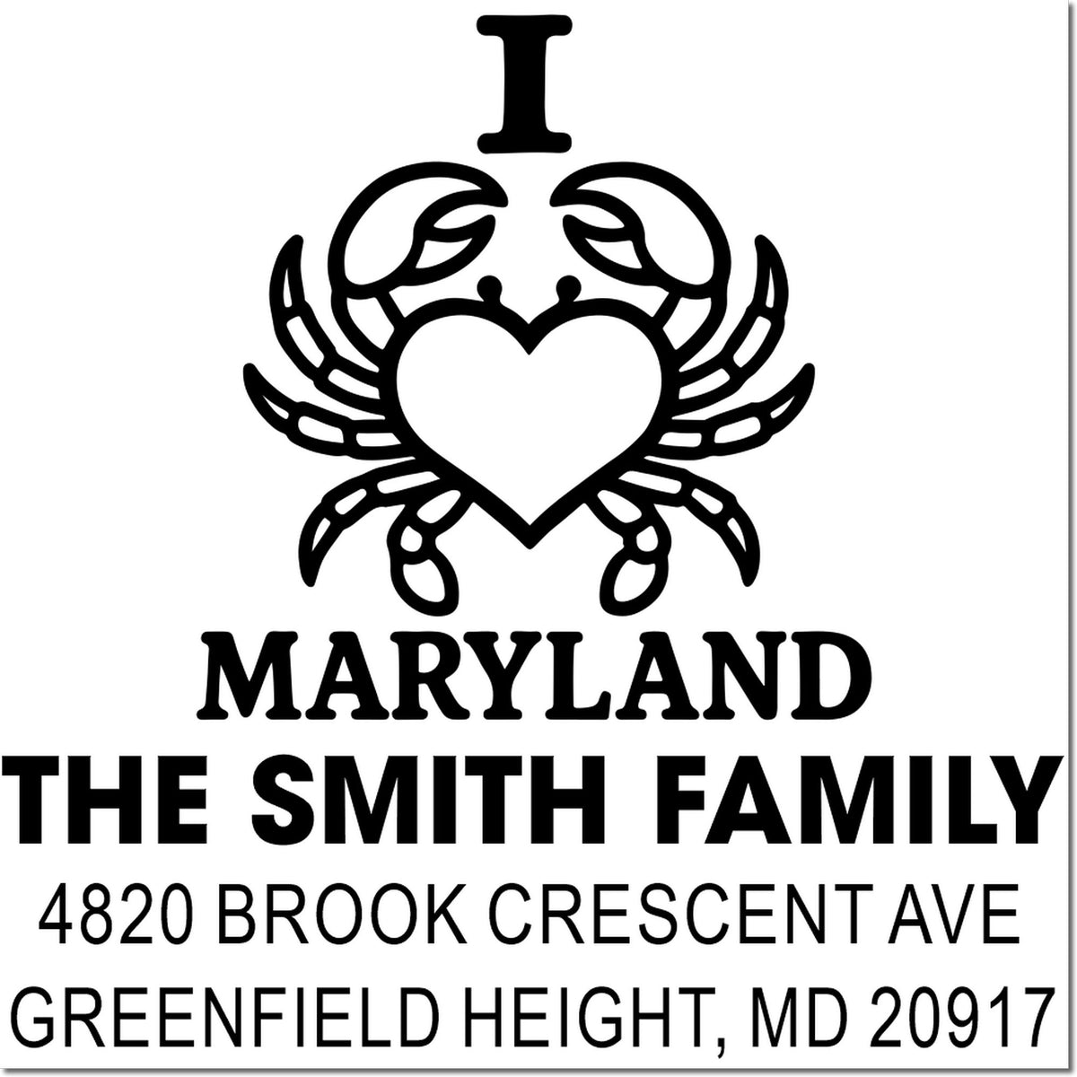 Custom Maryland family address rubber stamp with crab heart design for The Smith Family, Greenfield Height, MD 20917