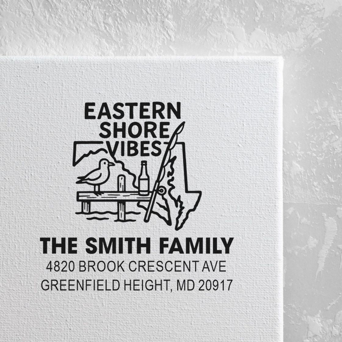 Custom Eastern Shore Vibes family return address rubber stamp with Maryland coastline graphic and The Smith Family address.