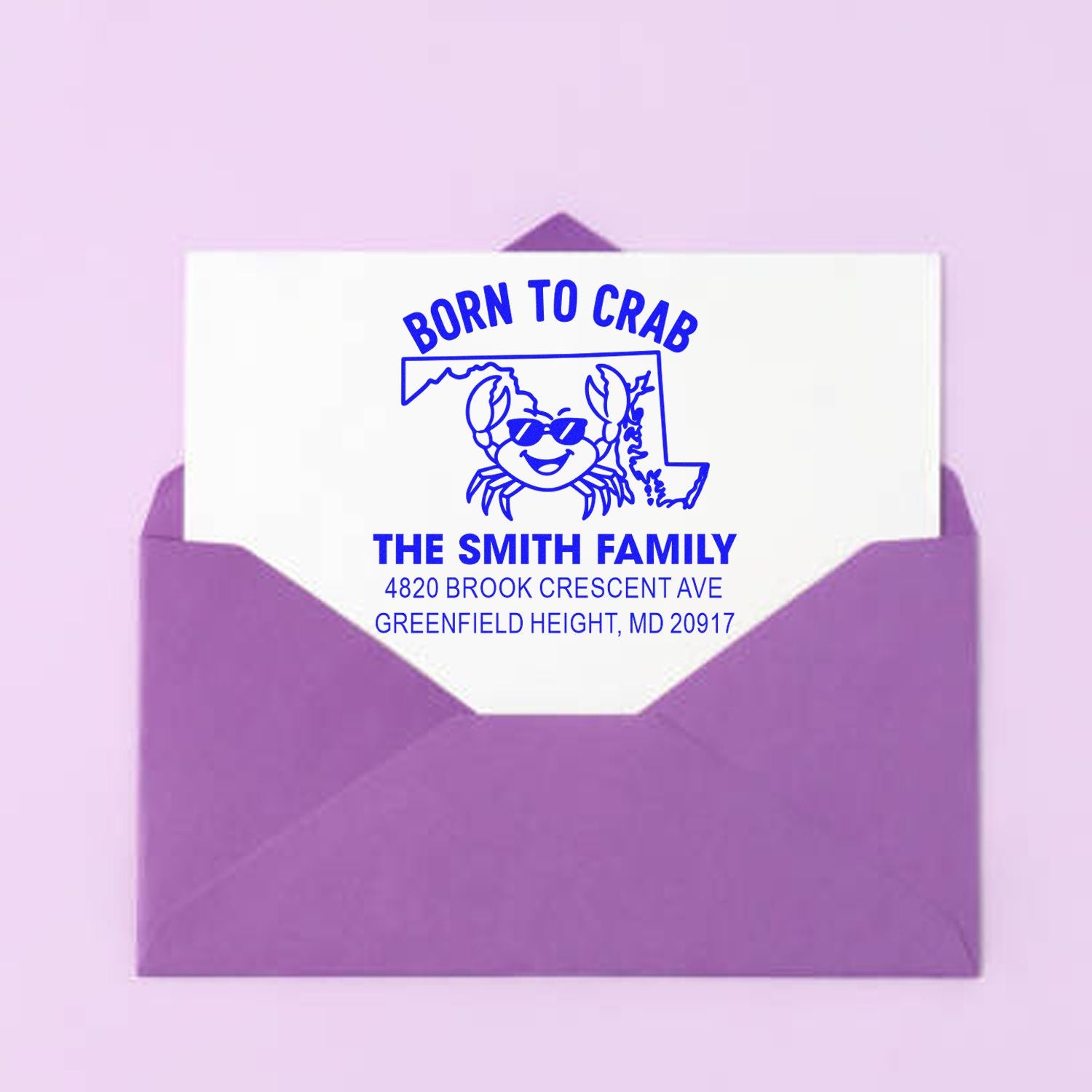 Fun Maryland crab return address rubber stamp for The Smith Family, personalized with name and mailing address.