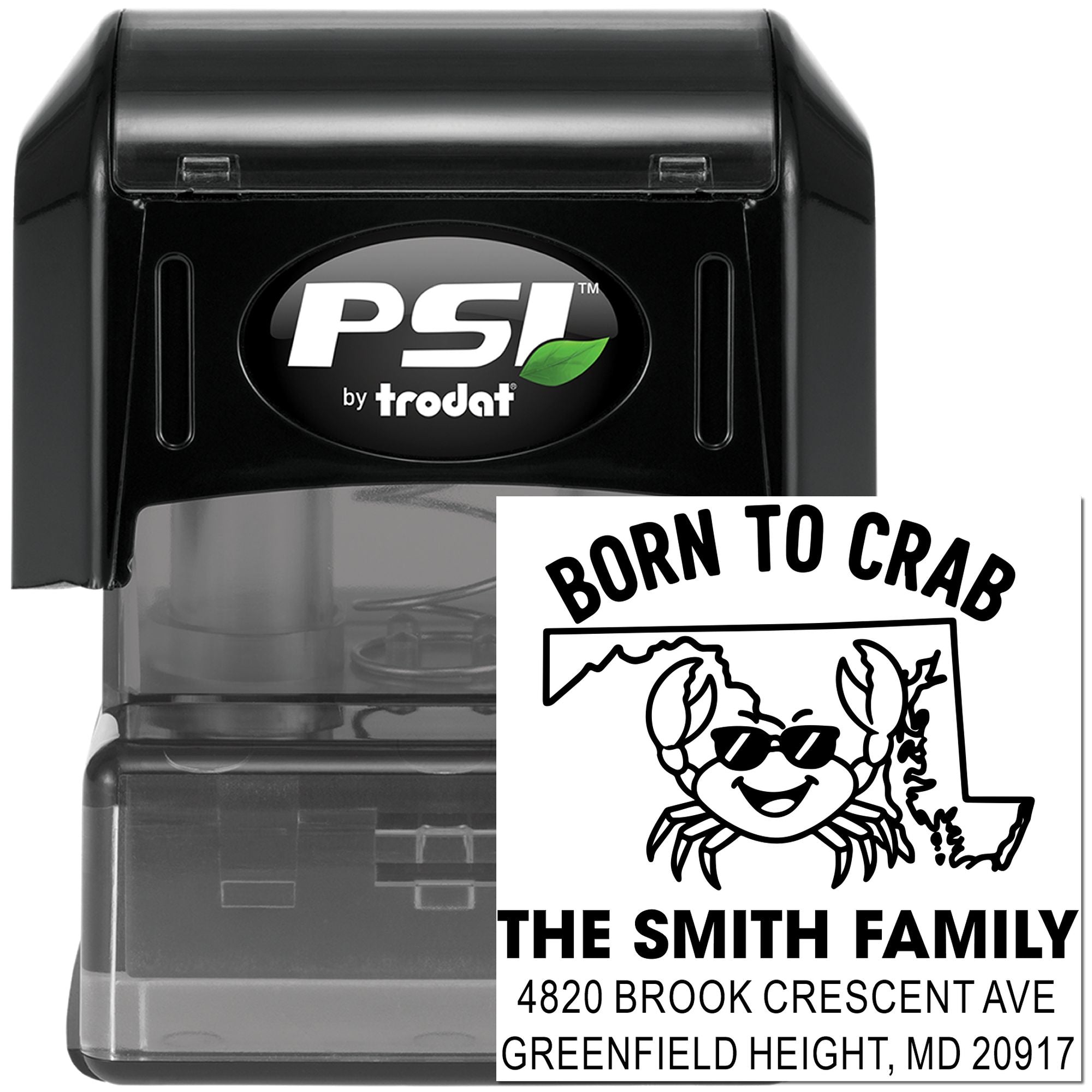 Custom self-inking rubber return address stamp with crab design and Maryland outline for The Smith Family.