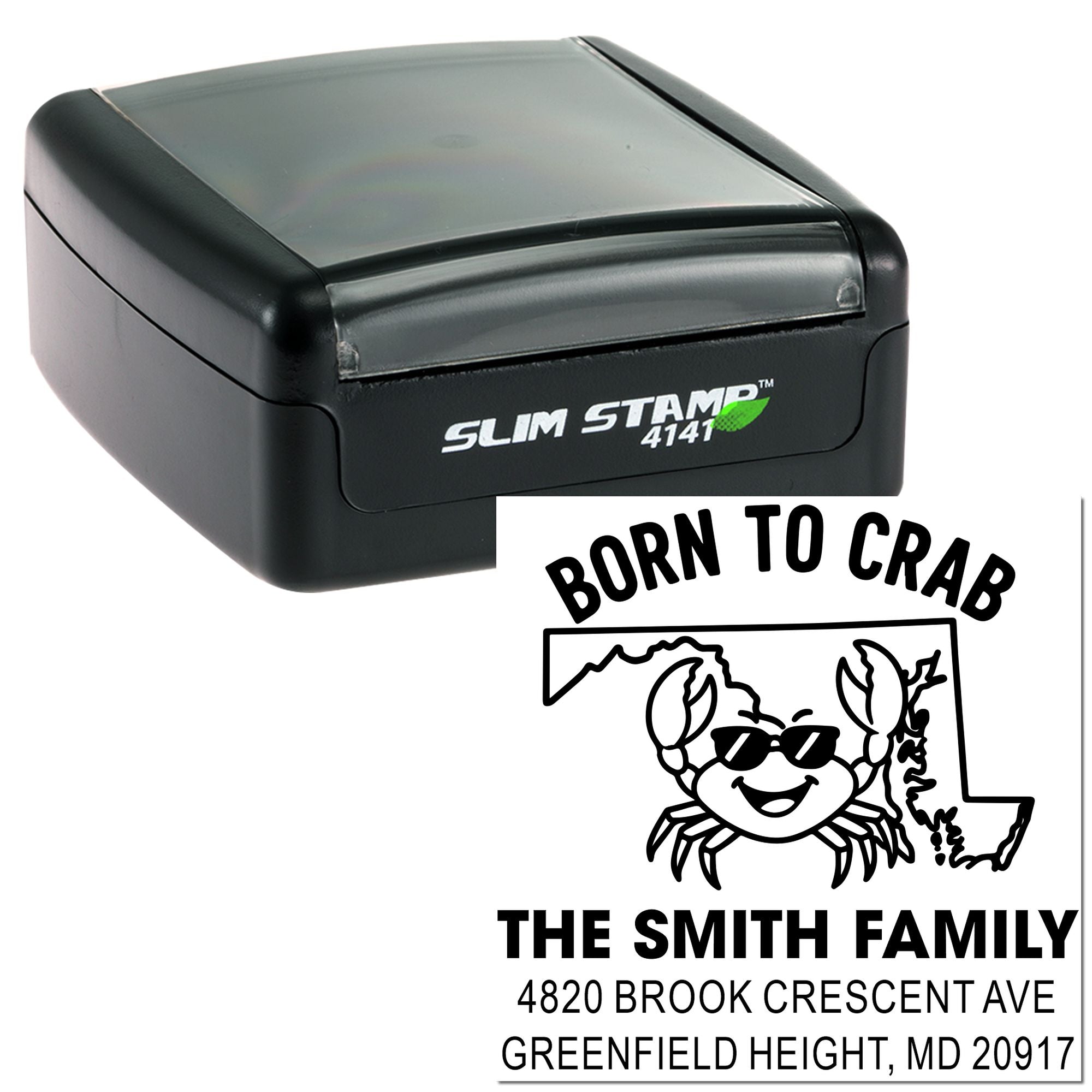 Slim self-inking rubber stamp with custom Maryland crab family address design for personalized return address imprint.