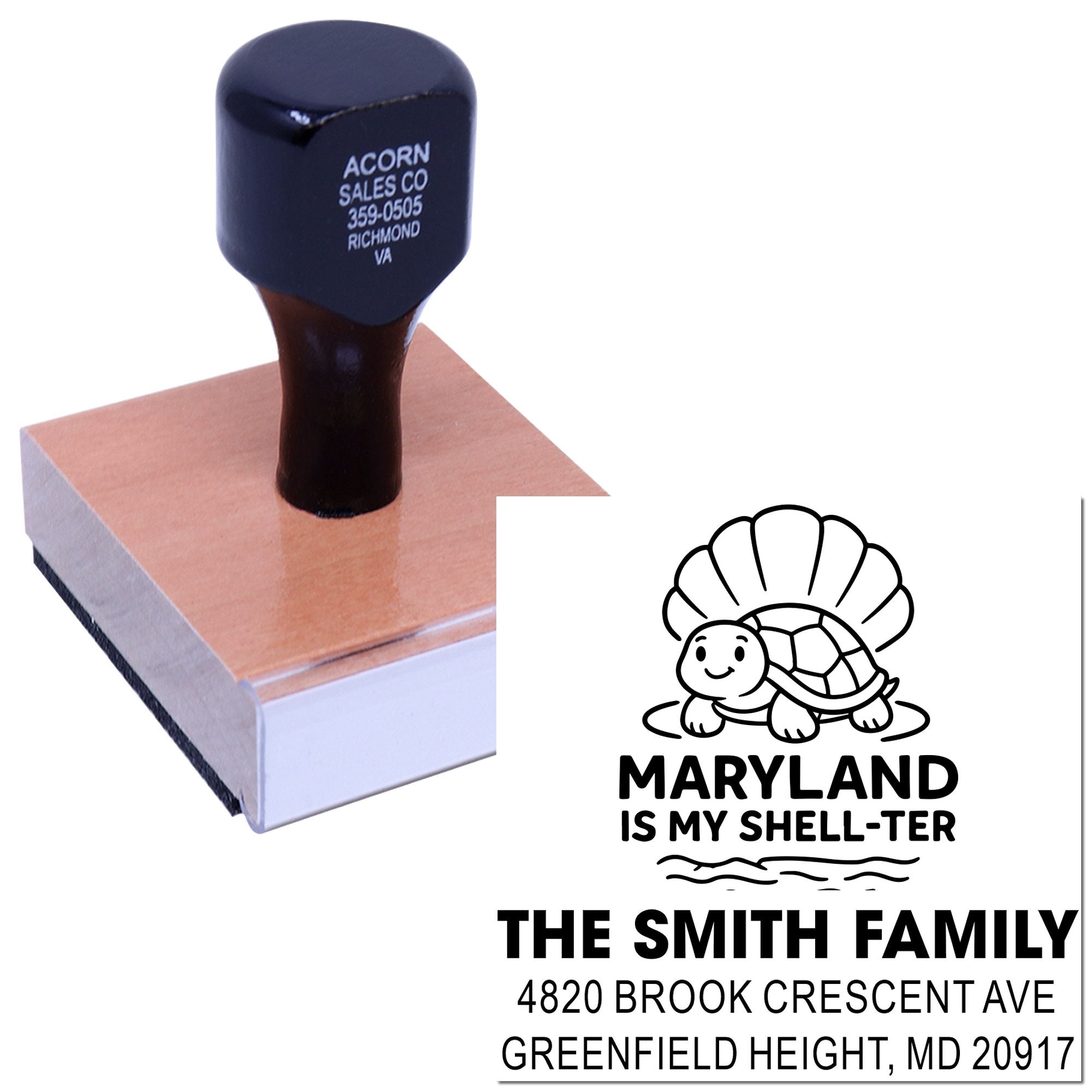 Custom rubber address stamp with Maryland turtle design for personalized family return addresses