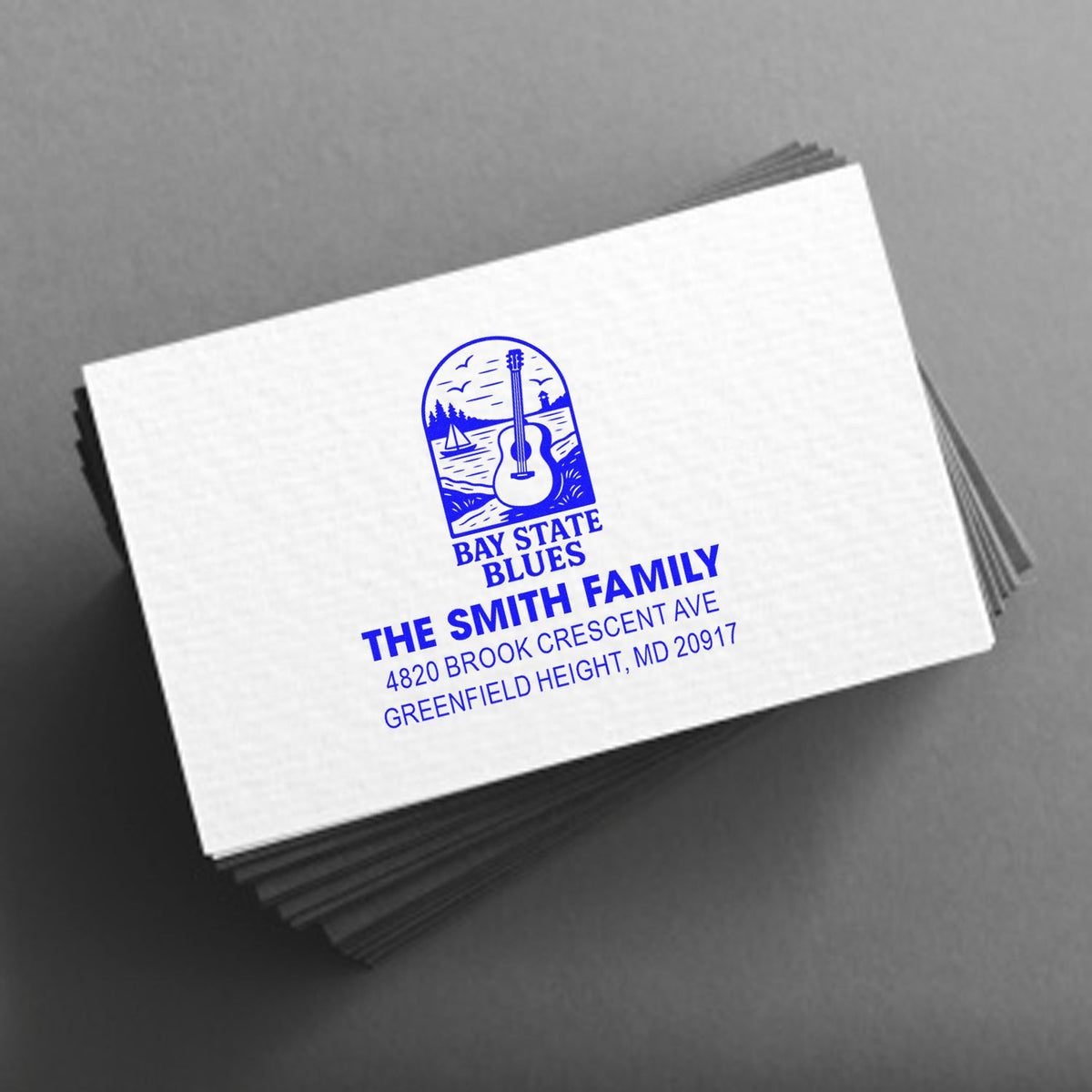 Custom rubber address stamp for The Smith Family with Bay State Blues logo, ideal for personalized envelopes and stationery.