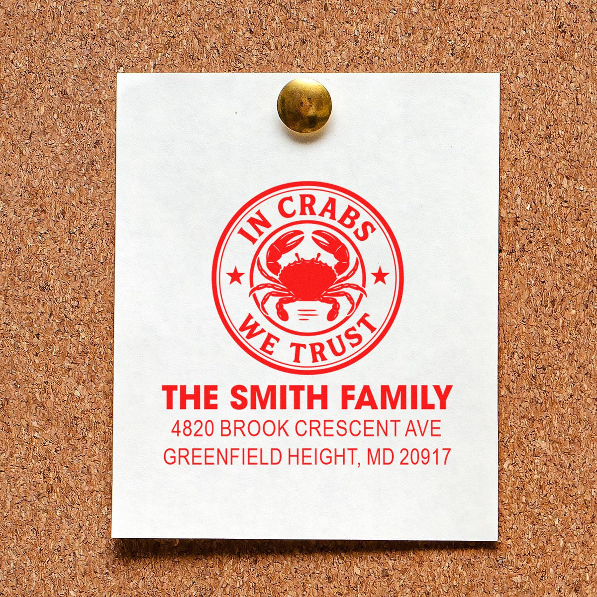 Personalized return address rubber stamp with crab logo, In Crabs We Trust, and The Smith Family mailing address.
