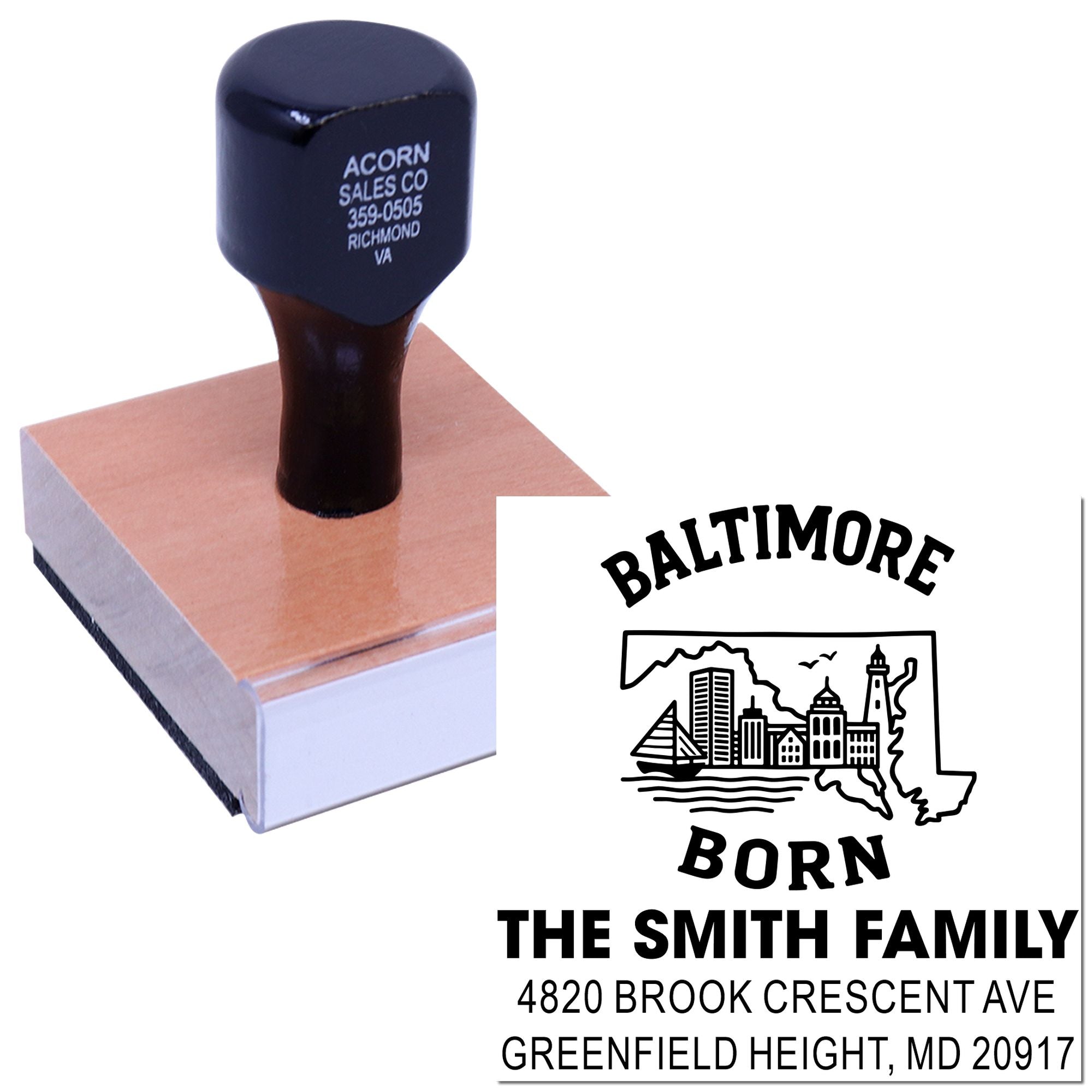 Custom Baltimore return address rubber stamp for The Smith Family with skyline design and personalized home address.