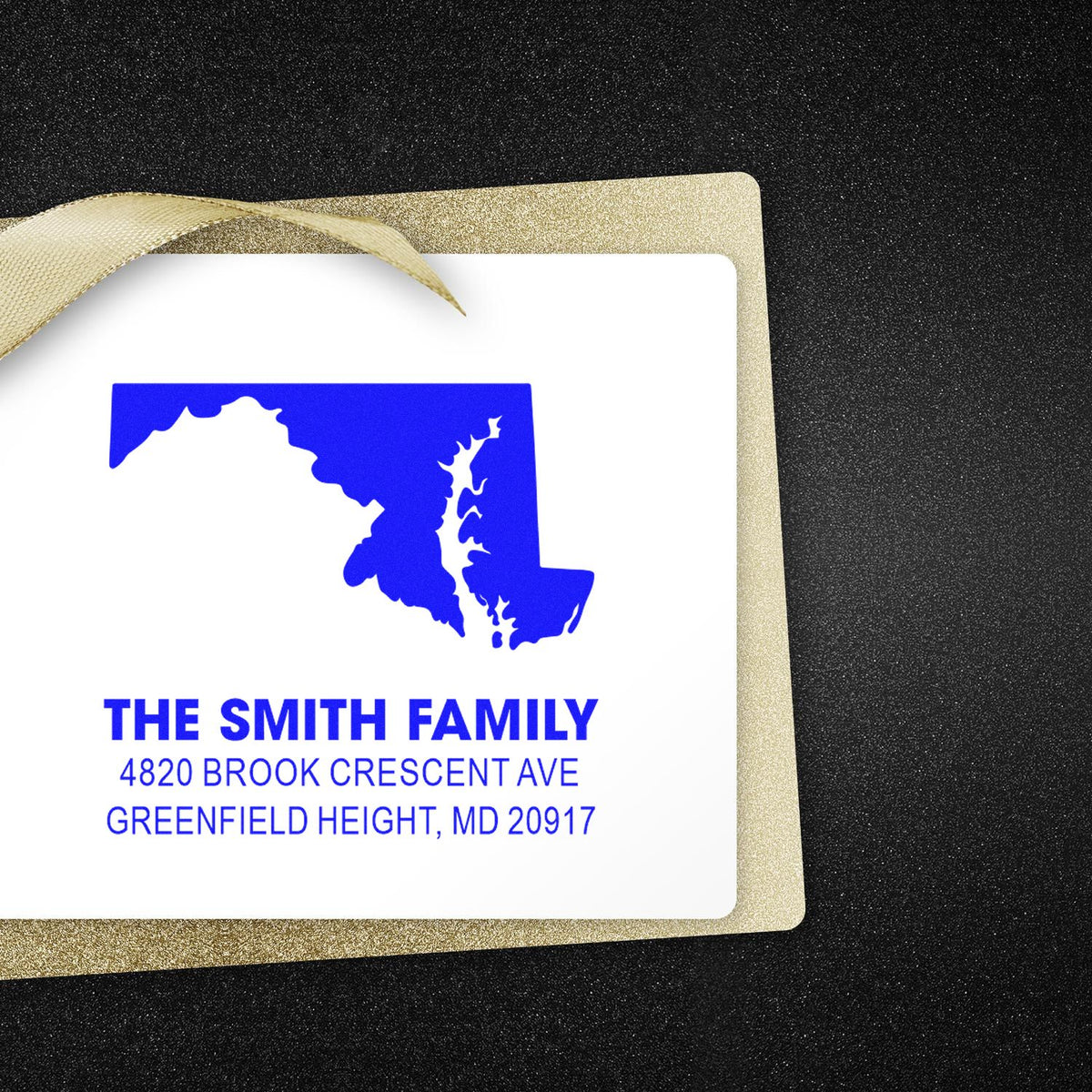 Custom Maryland return address rubber stamp for The Smith Family, 4820 Brook Crescent Ave, Greenfield Height, MD 20917.