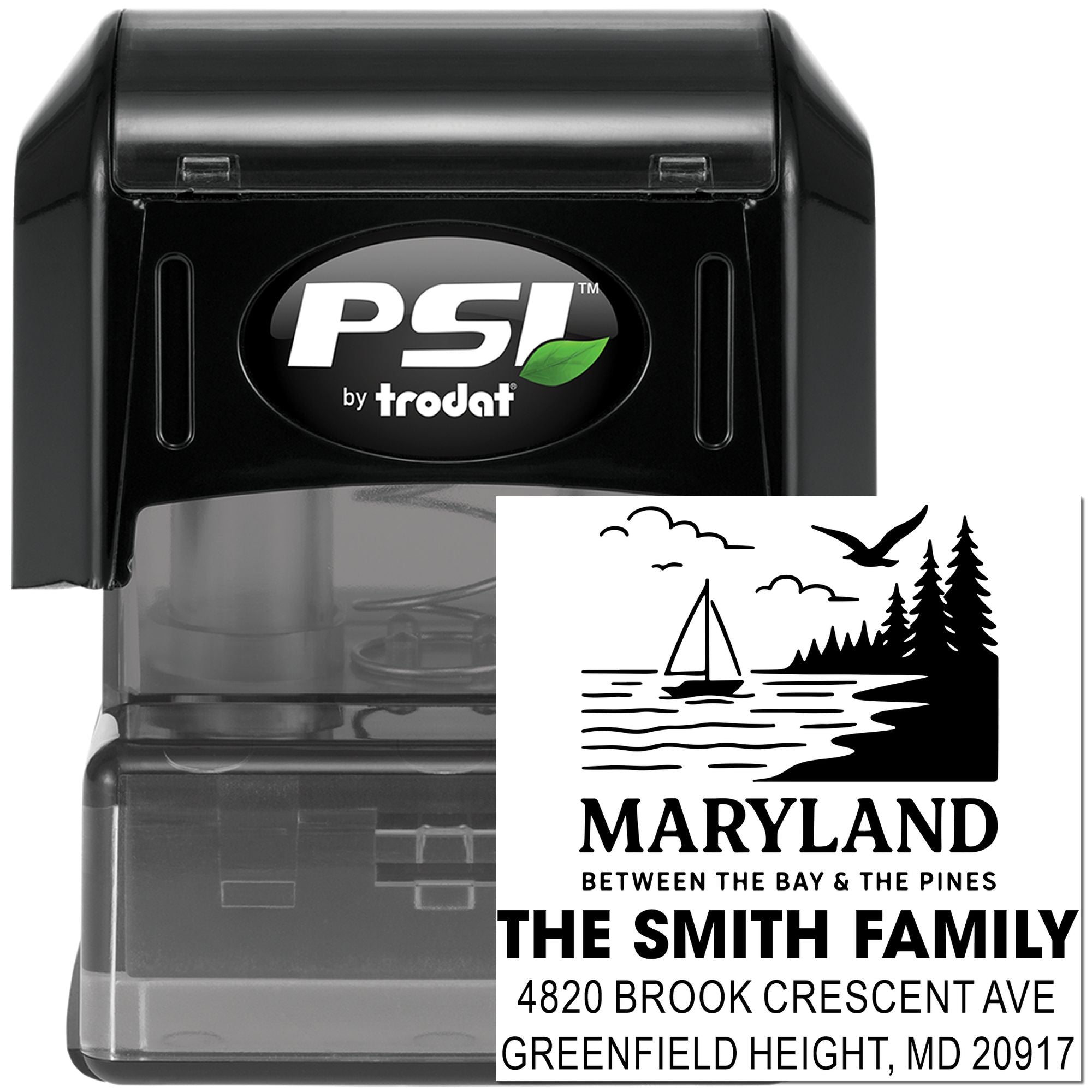 Custom Maryland self-inking rubber stamp by PSI Trodat for personalized family address labeling and home mail use