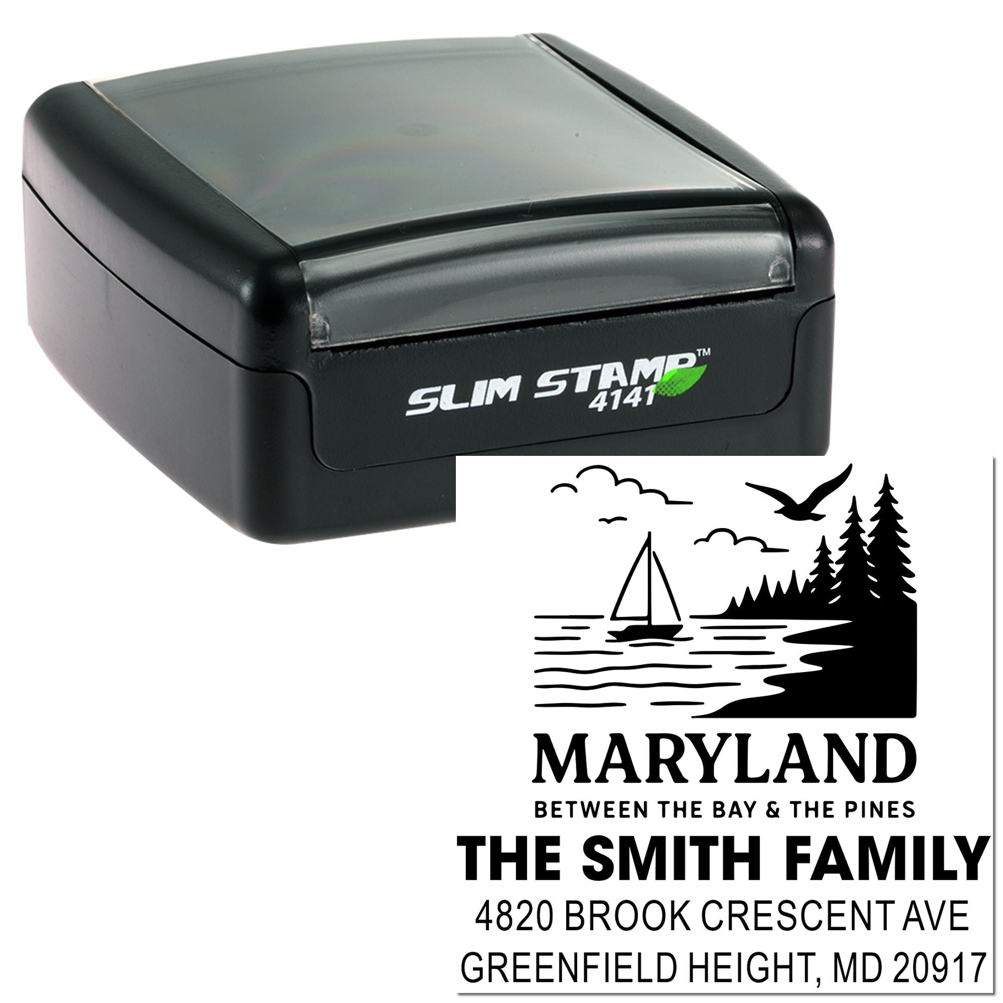 Custom Maryland self-inking rubber address stamp with scenic return address for The Smith Family, Greenfield Height, MD.