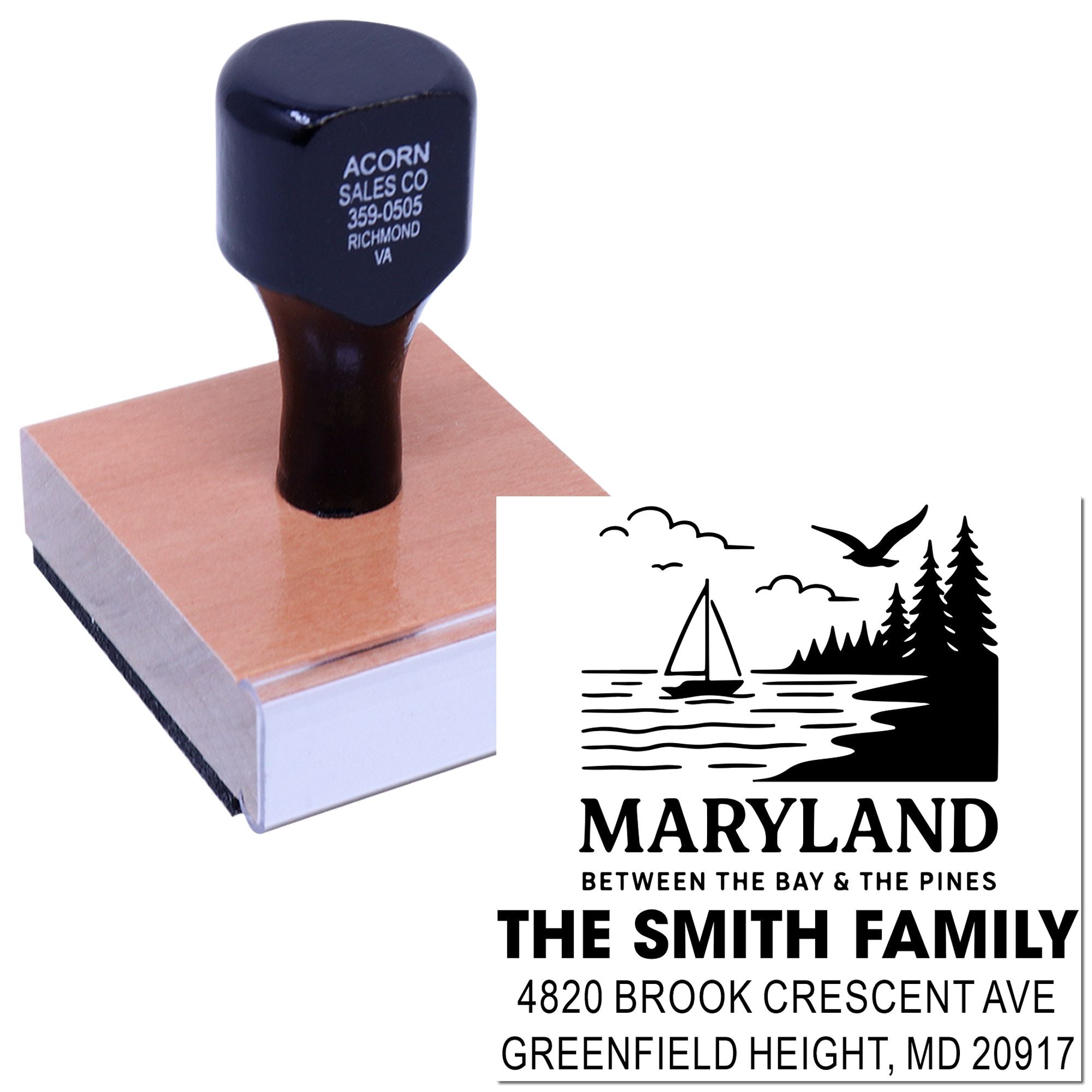 Custom rubber address stamp with Maryland scenic family design and return address, mounted on a wood block.