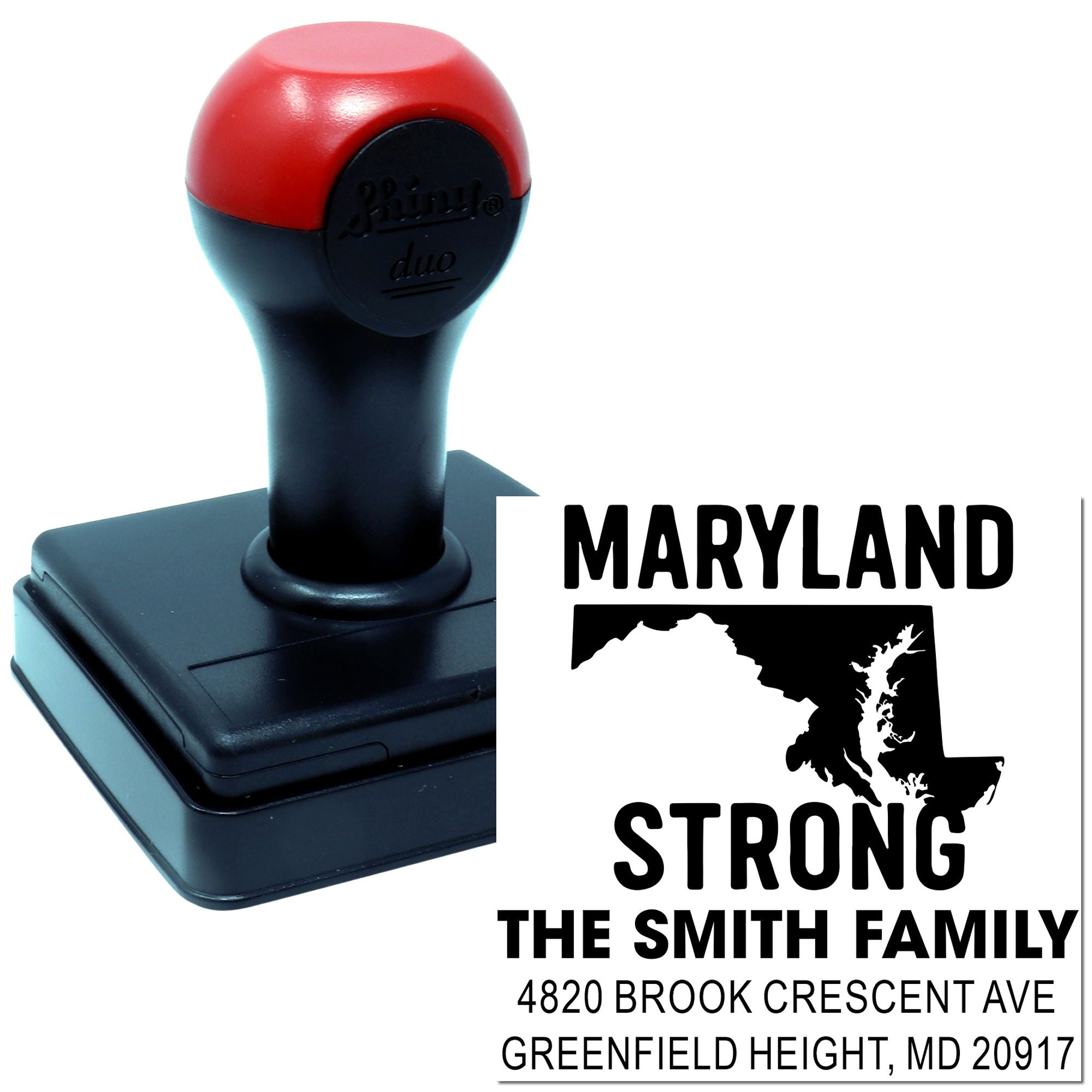 Custom self-inking Maryland rubber stamp with family name and return address design
