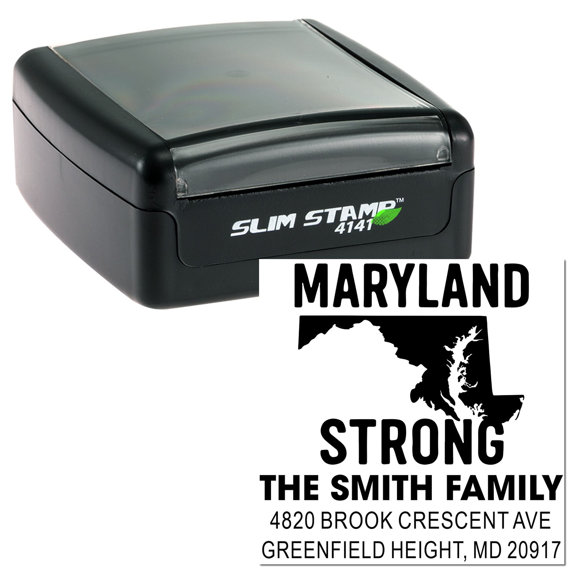 Custom Maryland Strong self-inking rubber address stamp with The Smith Family return address and state design.
