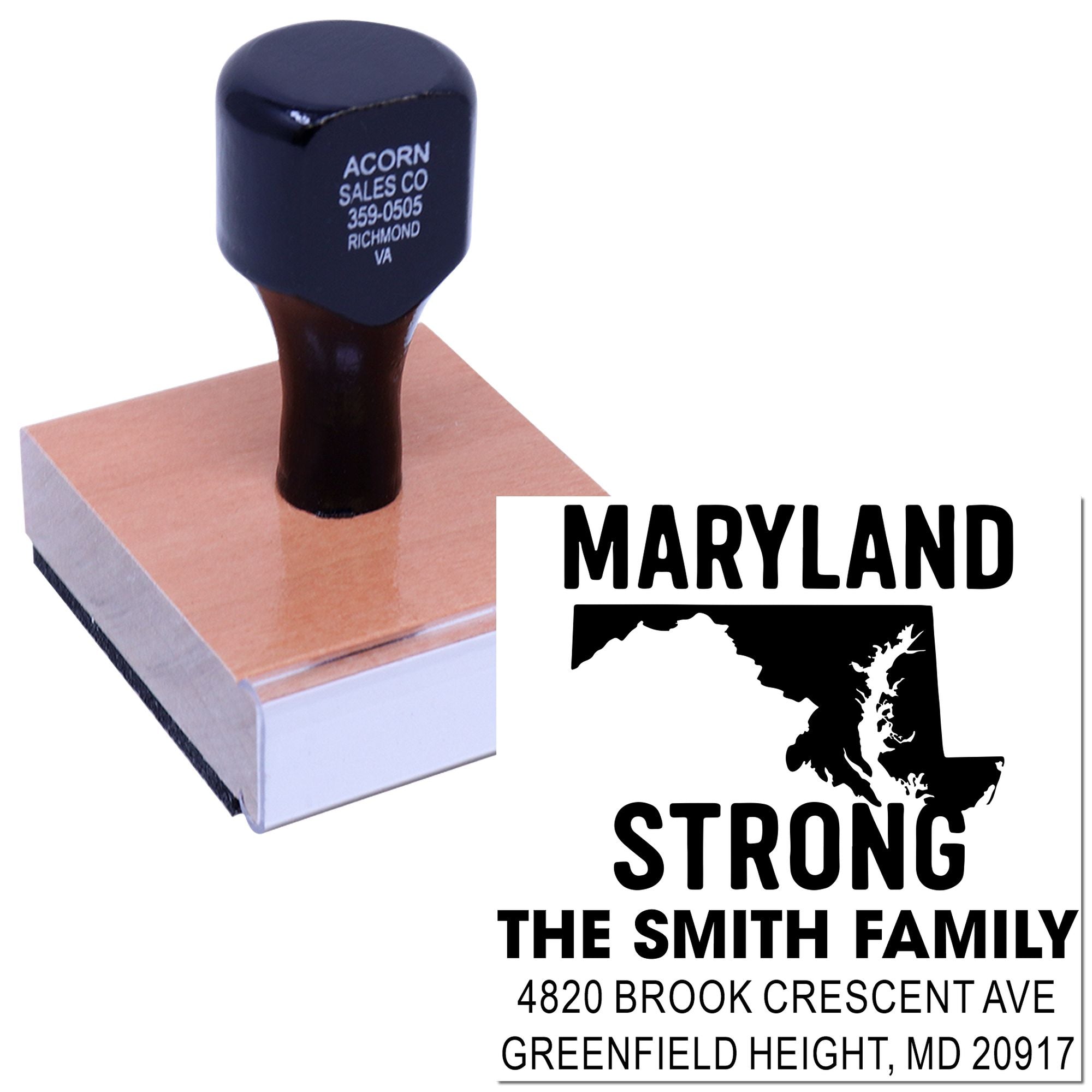 Custom Maryland rubber stamp for The Smith Family return address, with state outline for mailings and envelopes.