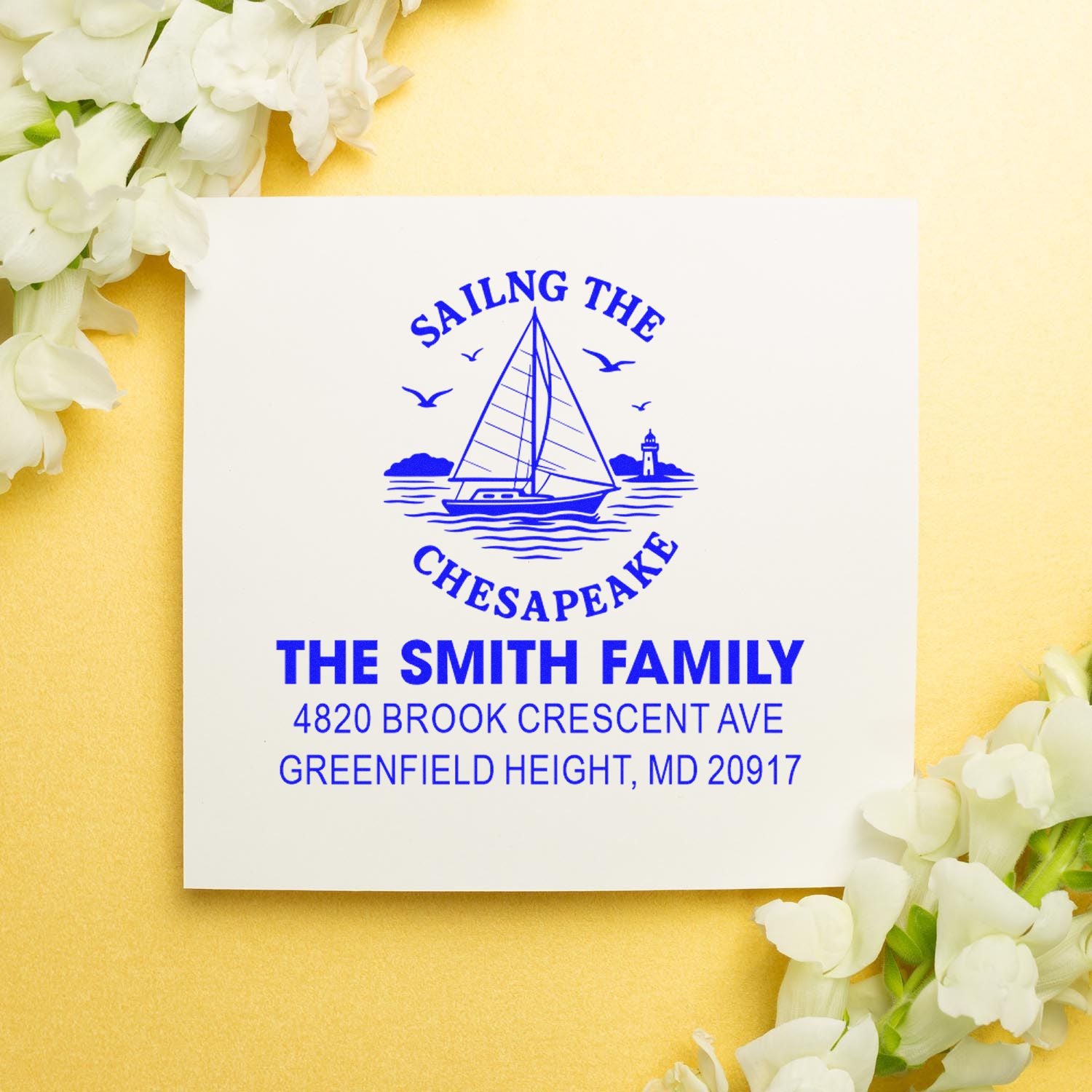 Custom sailing Chesapeake address rubber stamp for The Smith Family, Greenfield Height, MD 20917