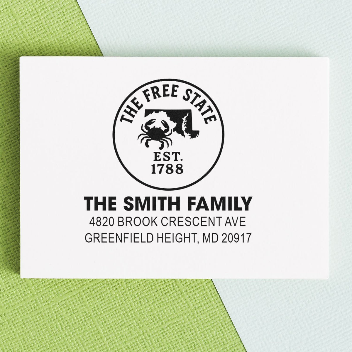 Custom Maryland family address rubber stamp with The Smith Family return address and Free State crab design.