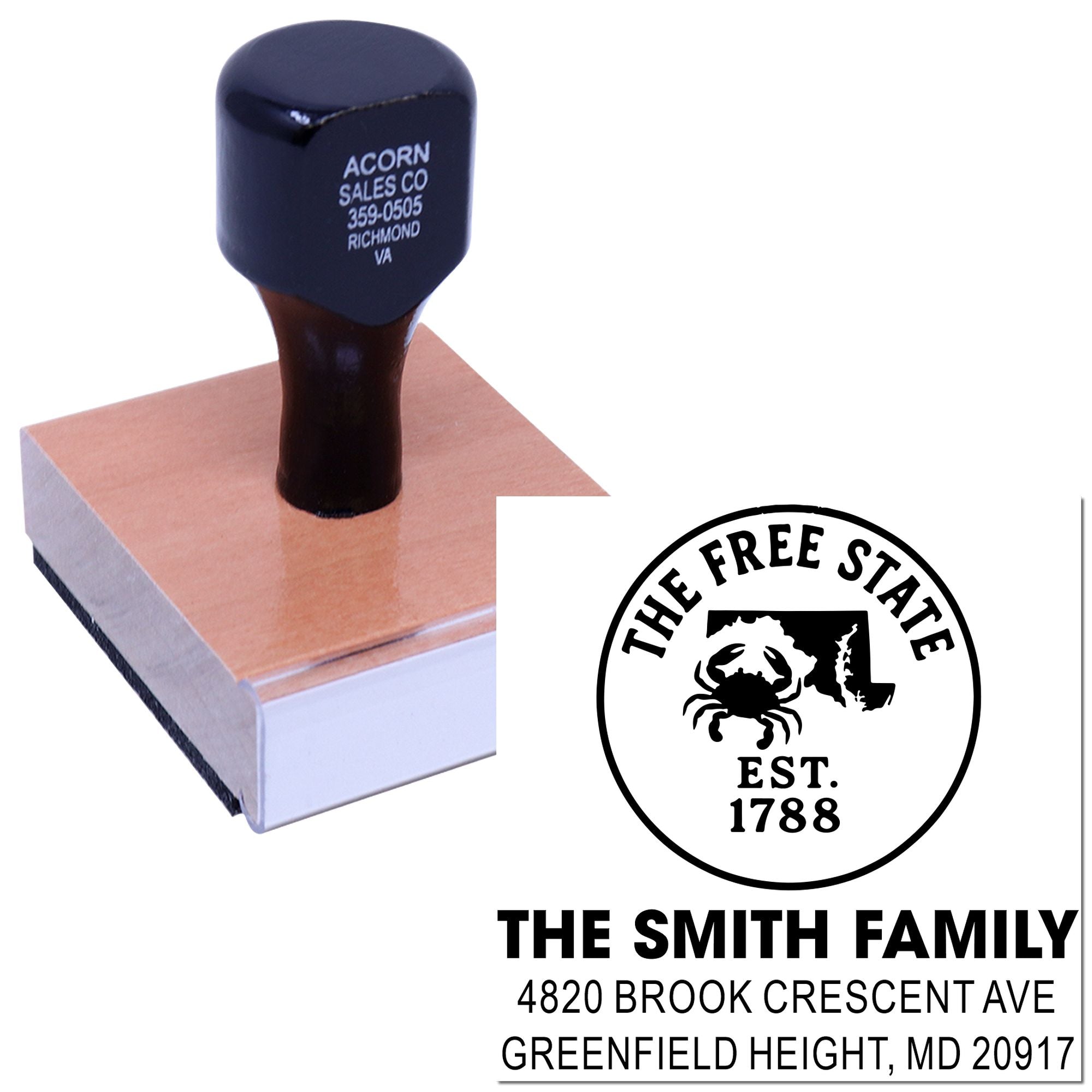 Custom return address rubber stamp with family crest design for personalized mailing and stationery.