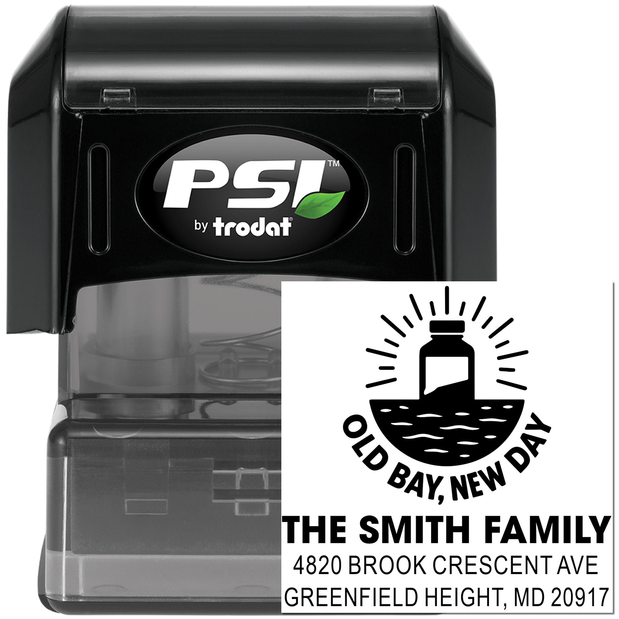 Custom self-inking rubber return address stamp with Old Bay, New Day family design by PSI Trodat.