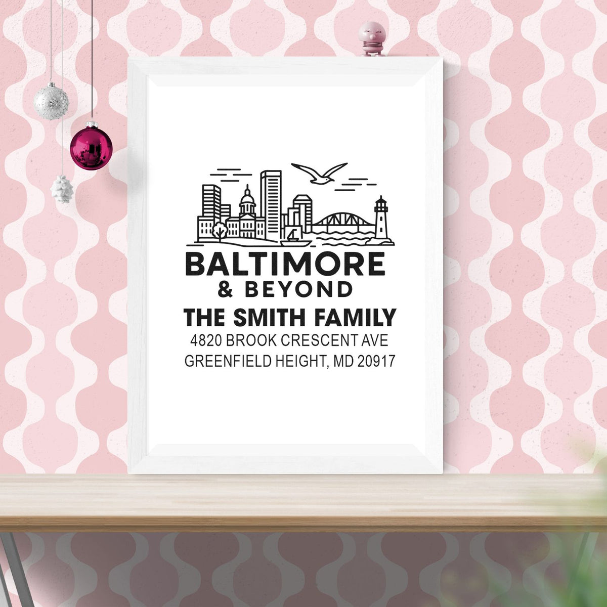 Personalized Baltimore return address rubber stamp for The Smith Family, featuring skyline art and Greenfield Height, MD 20917.