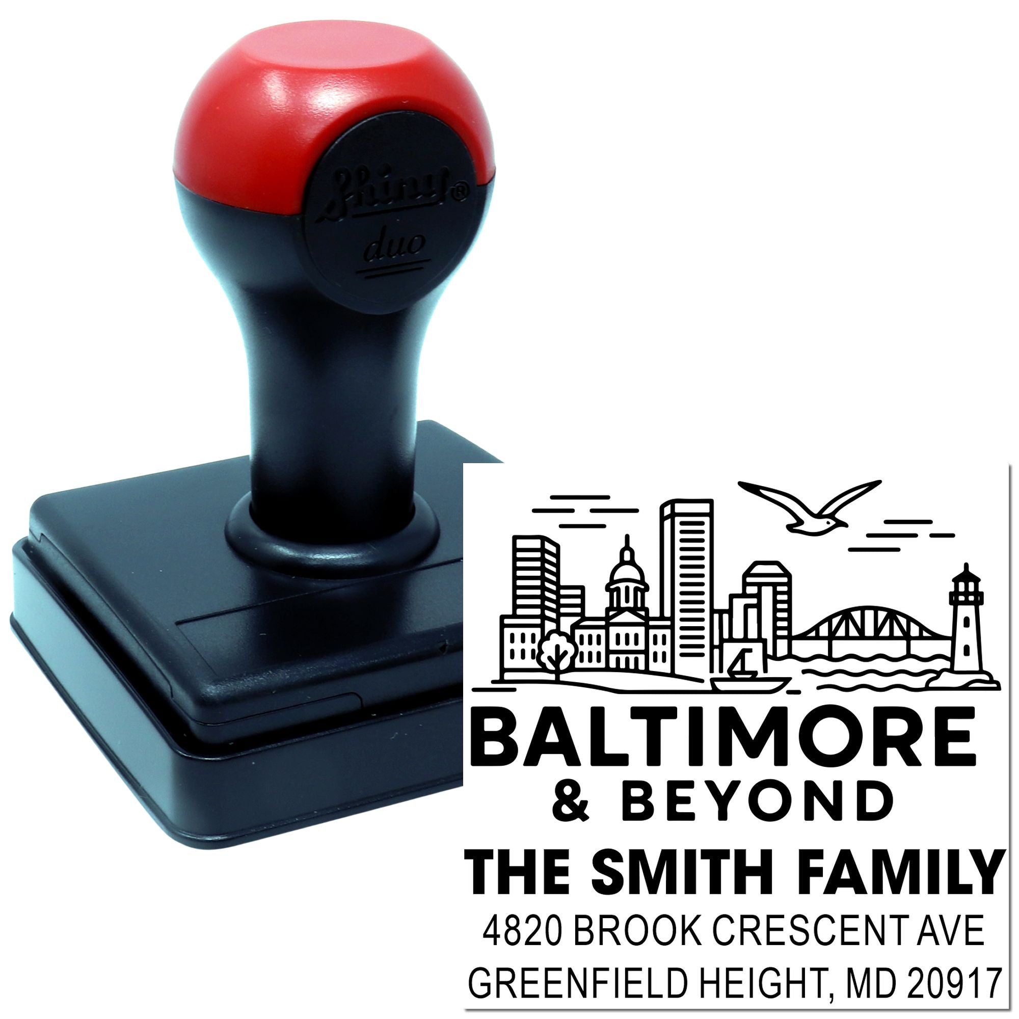 Personalized self-inking rubber address stamp with Baltimore skyline, The Smith Family name, and return address.