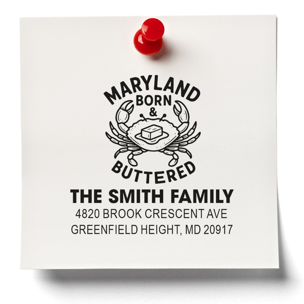 Custom Maryland crab family address rubber stamp with personalized return address for The Smith Family.