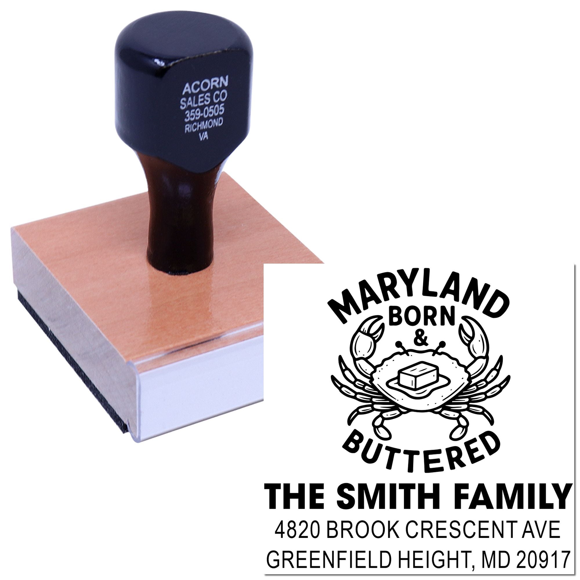 Custom rubber stamp with Maryland Born & Buttered family address design for personalized return mailing.