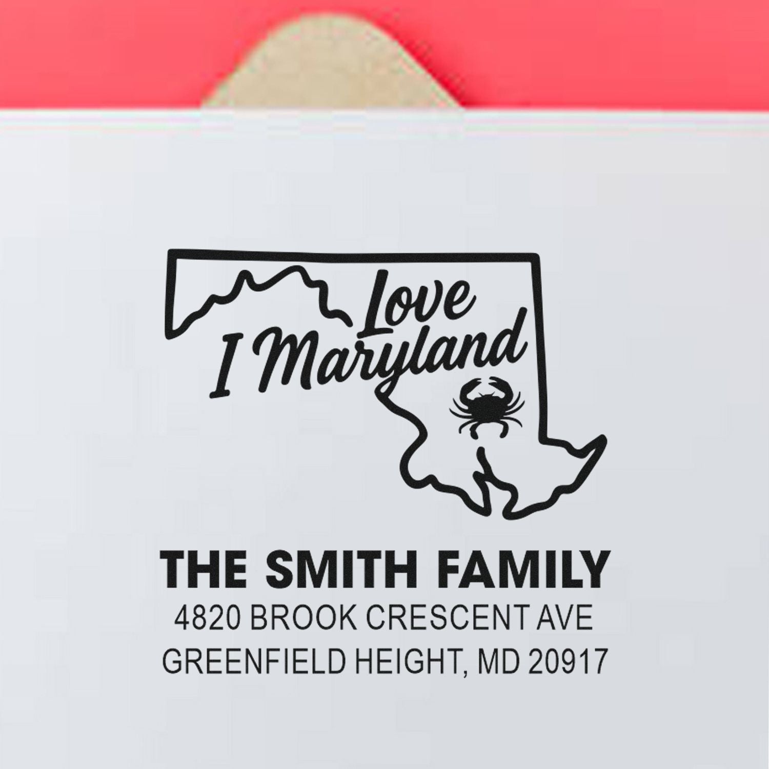 Custom Maryland return address rubber stamp with I Love Maryland design for The Smith Family.