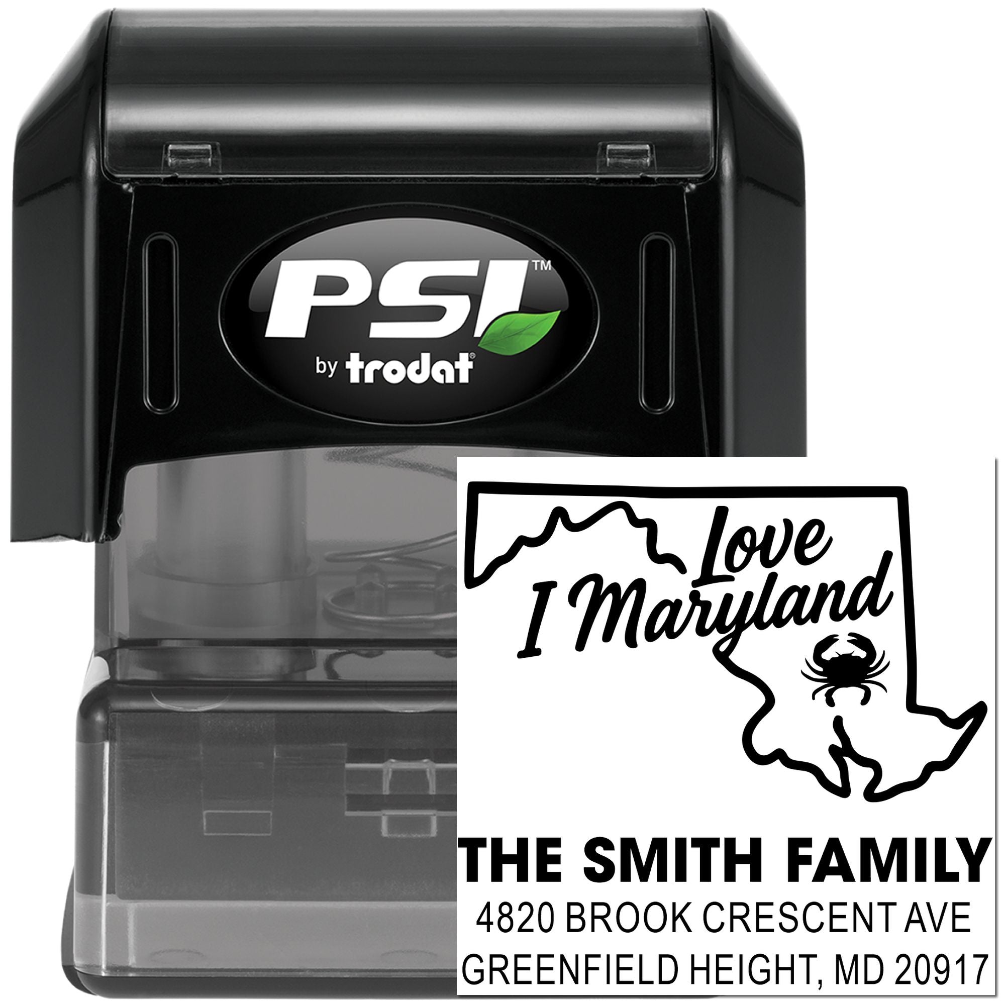 Custom Maryland address rubber stamp, PSI by Trodat self-inking, personalized return address for family mail.