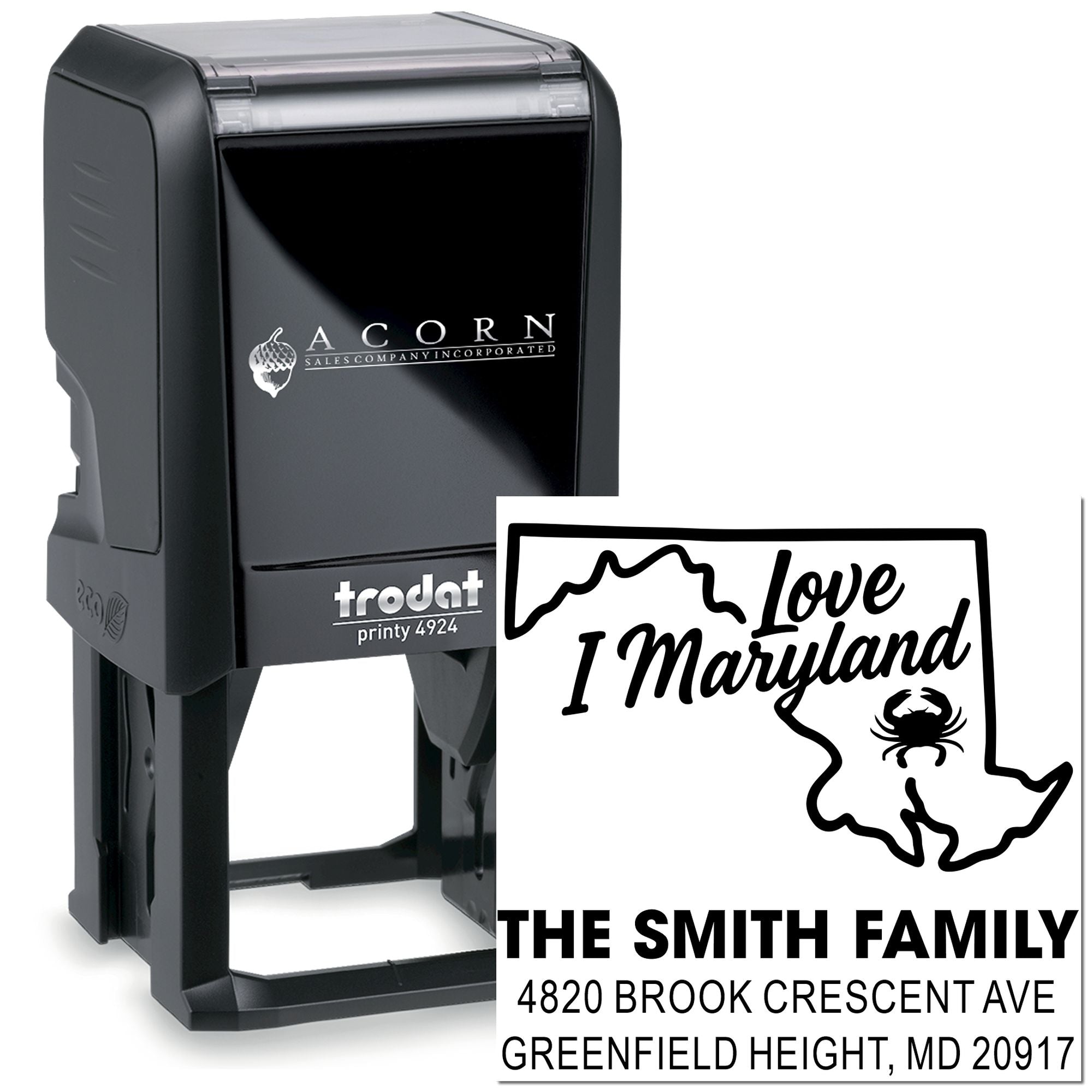 Custom self-inking rubber stamp with Love Maryland design and Smith family address for personalized mailing and crafts.