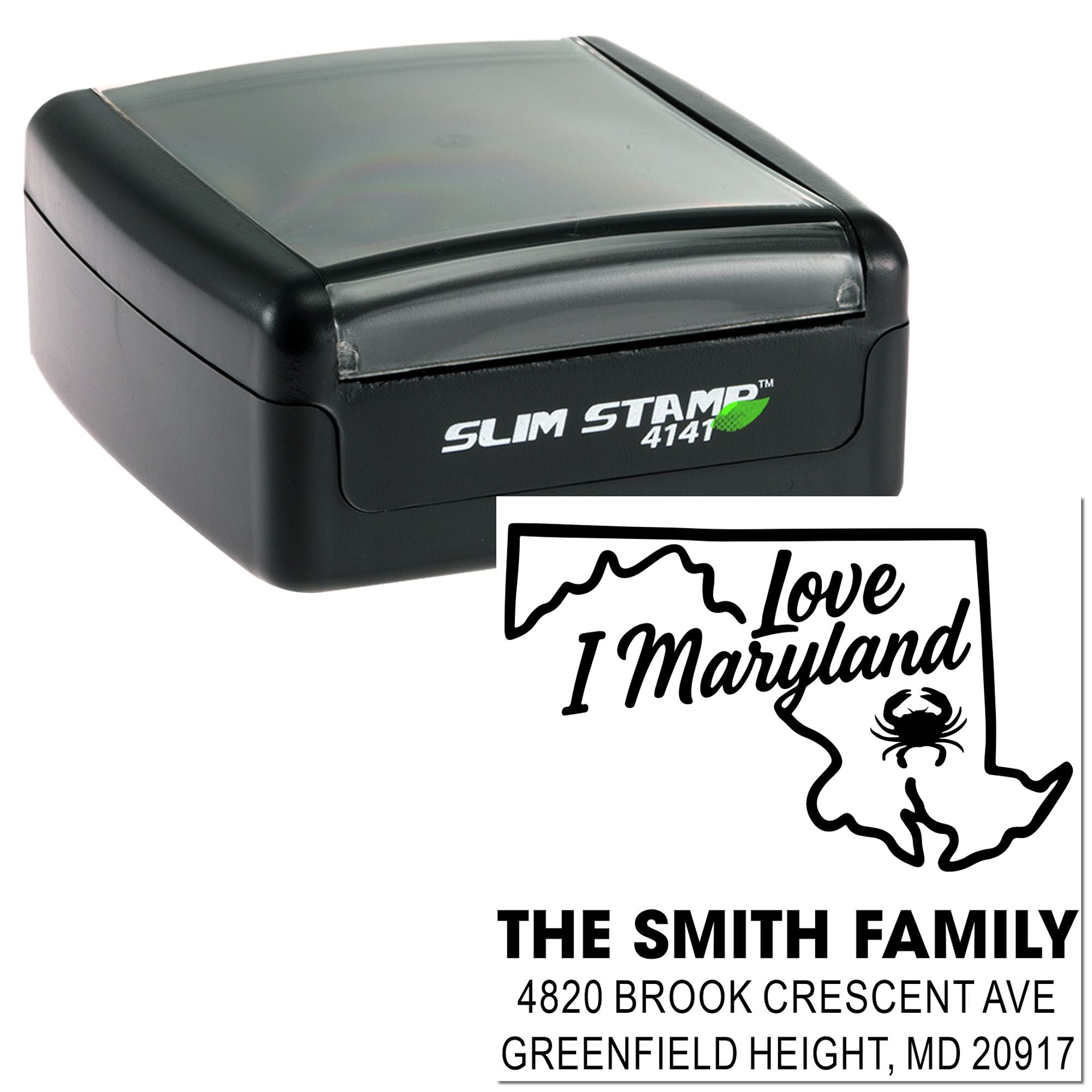 Custom self-inking rubber stamp with Maryland state design and return address for The Smith Family