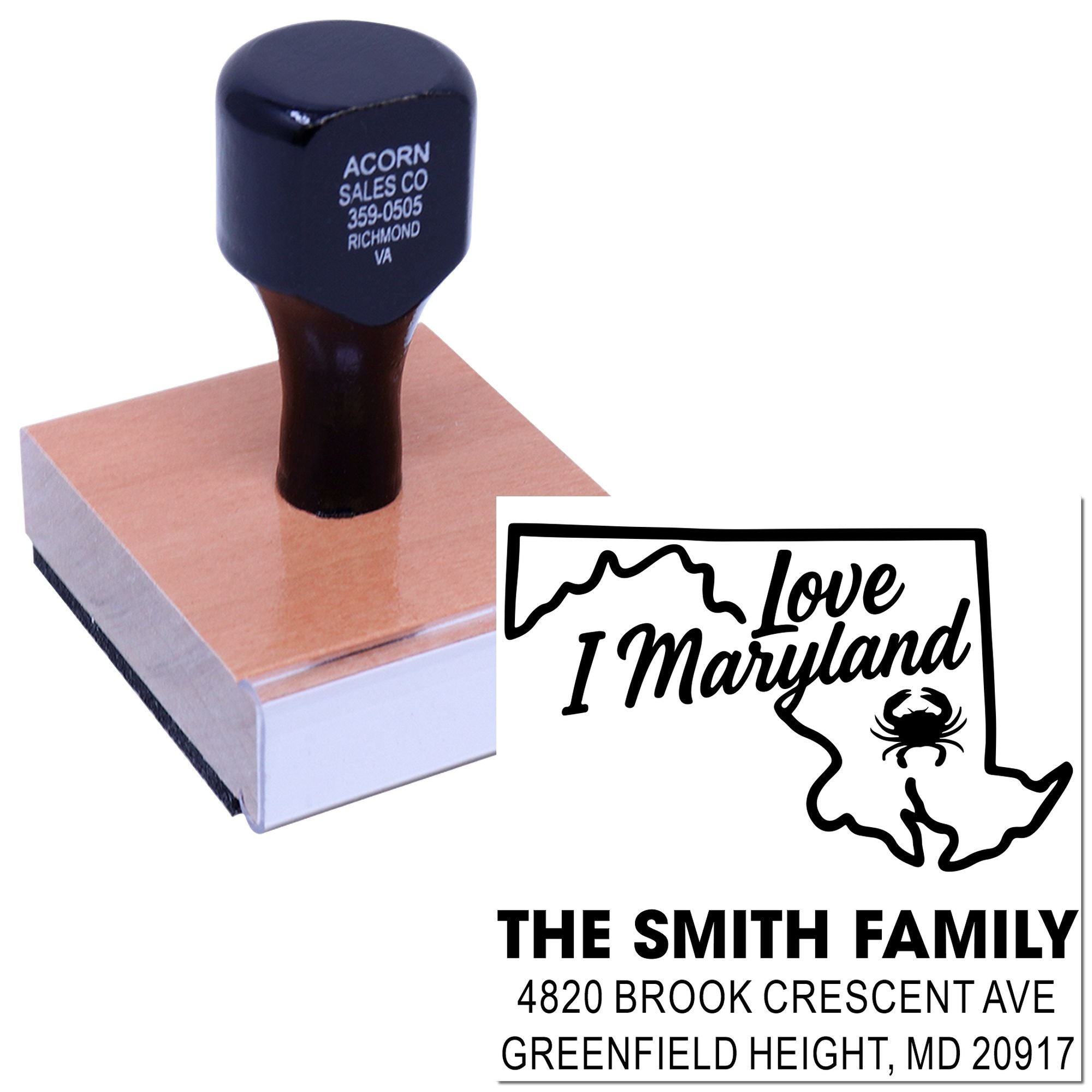 Custom address rubber stamp with Love Maryland design, family name, and return address for personalized mailing.