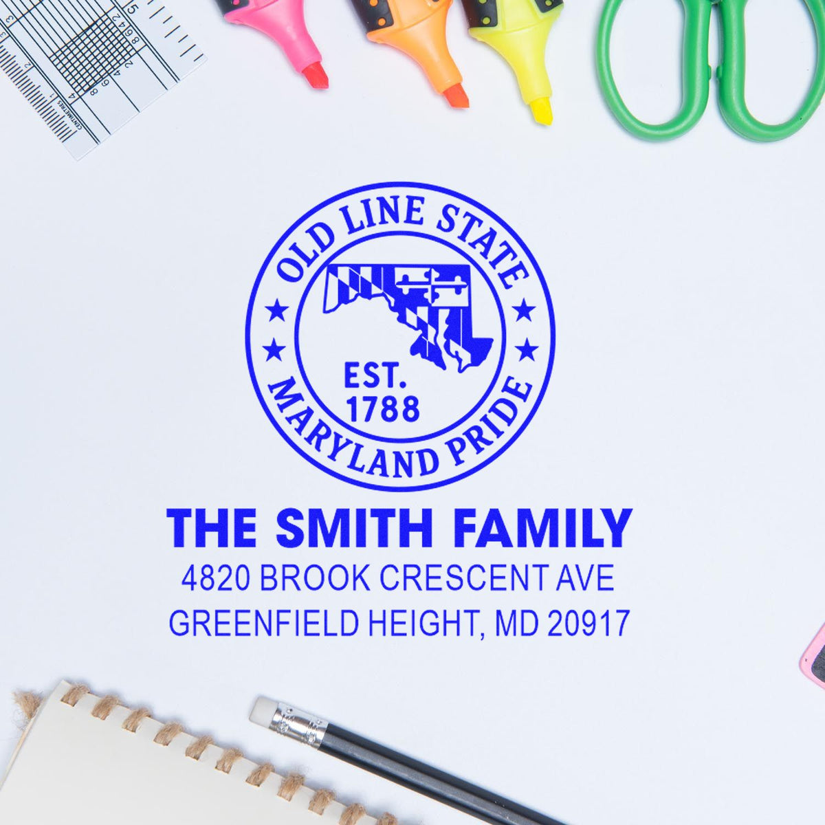 Custom rubber address stamp for The Smith Family with Maryland Pride state seal and Greenfield Heights, MD address.