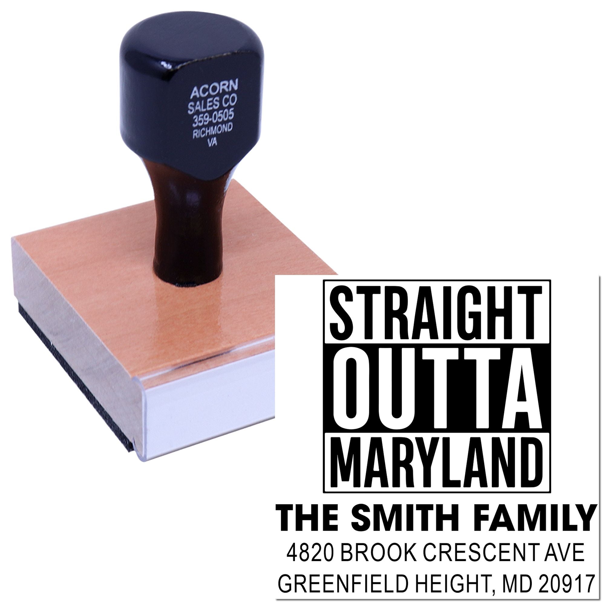 Custom self-inking rubber address stamp with Straight Outta Maryland design for The Smith Family and mailing use.