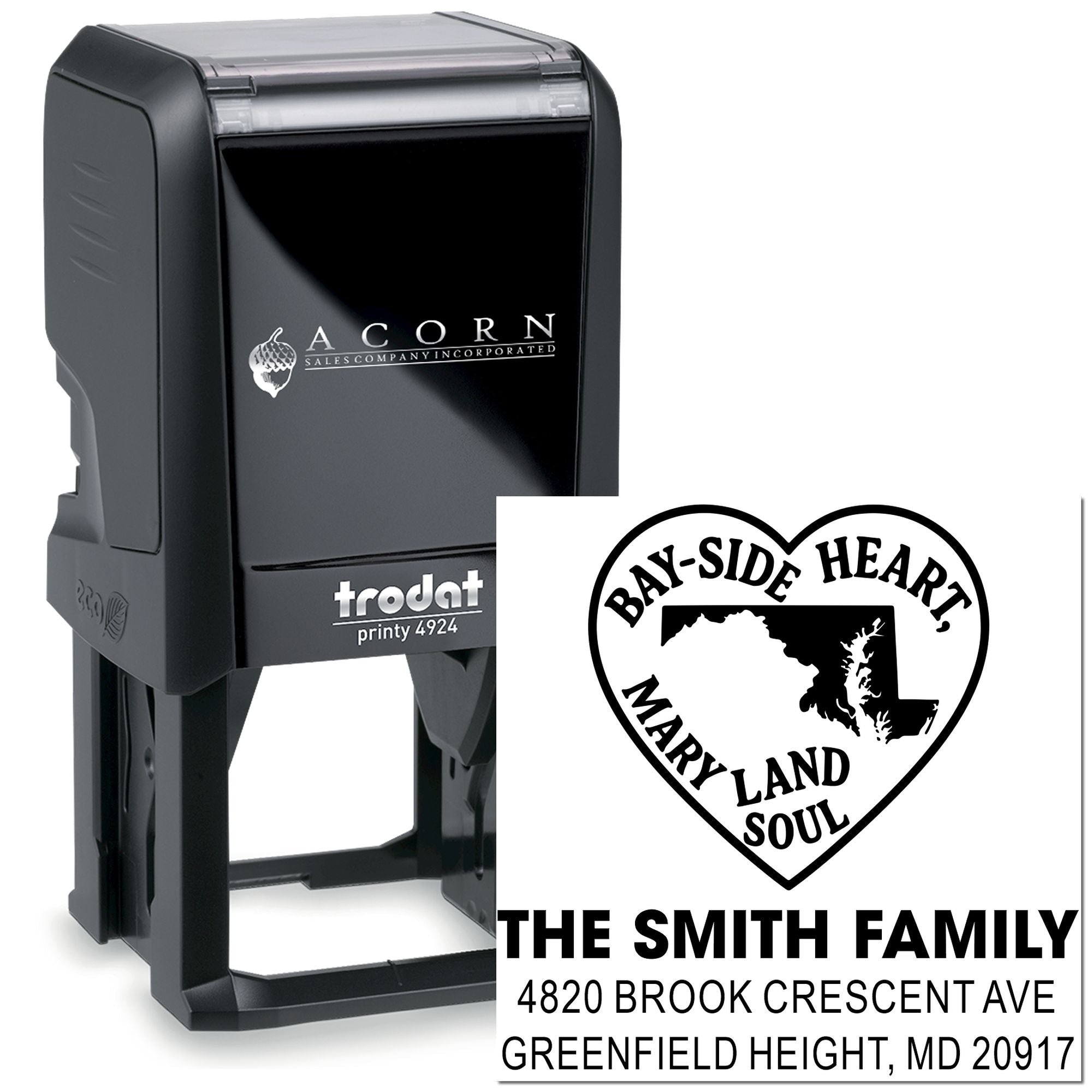 Trodat self-inking custom rubber address stamp showing Bay-Side Heart Maryland family return address design