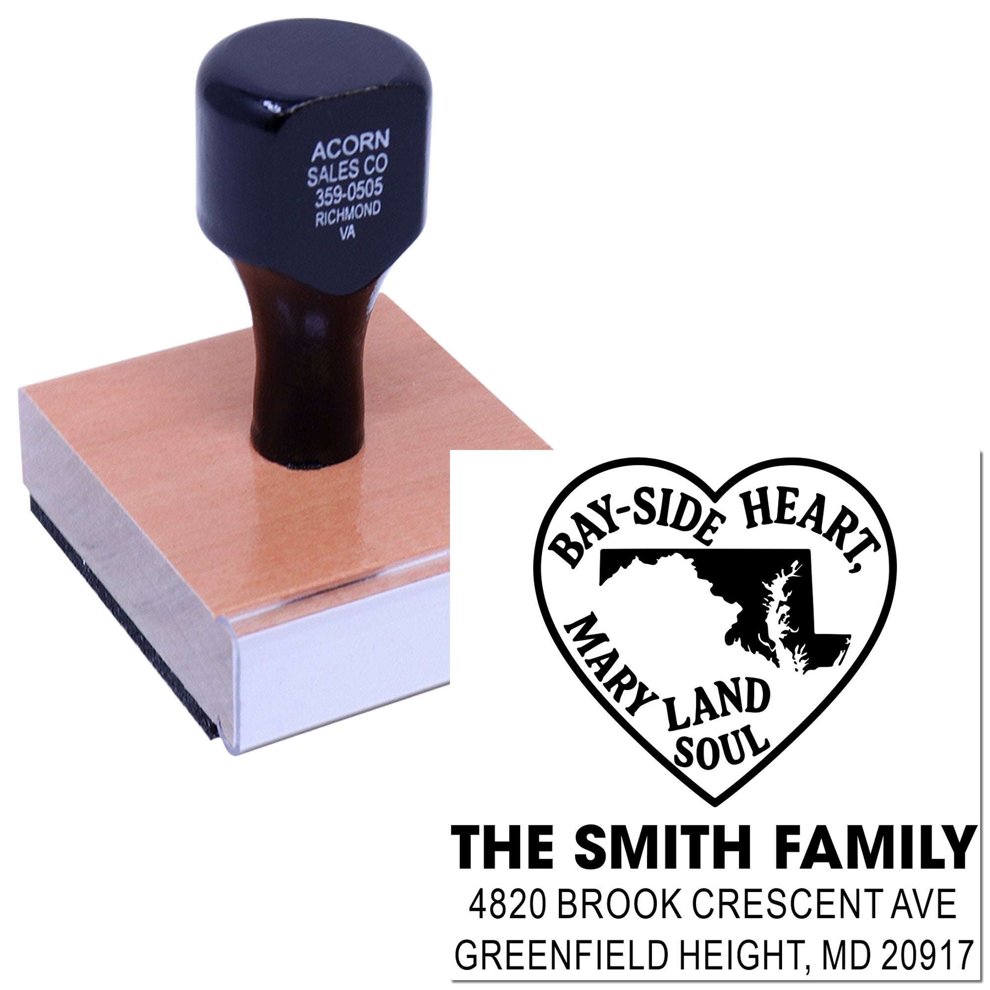 Custom rubber stamp with Bay-Side Heart, Maryland design and The Smith Family return address for personalized mailing envelopes