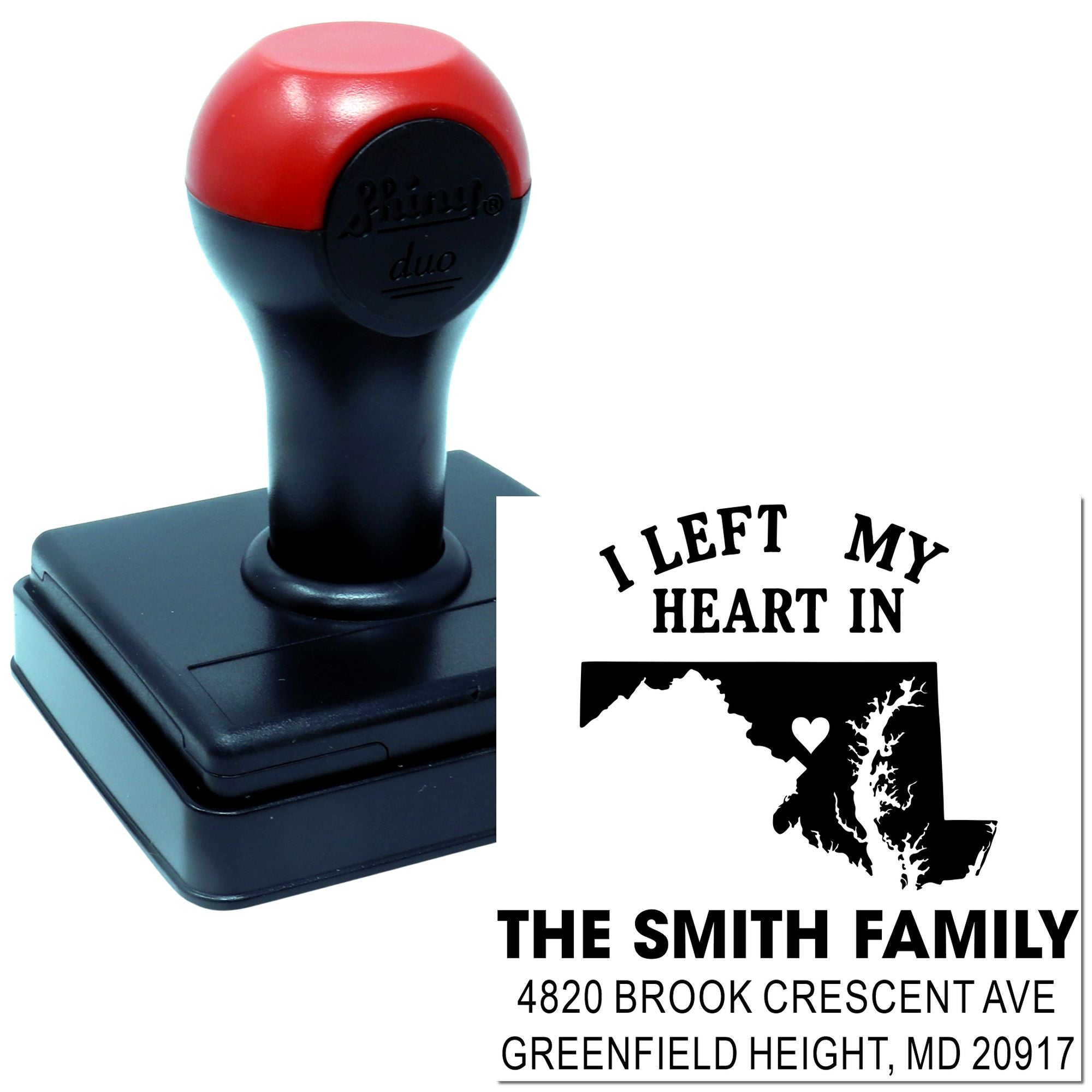 Custom self-inking rubber stamp with Maryland state design and personalized family return address imprint.