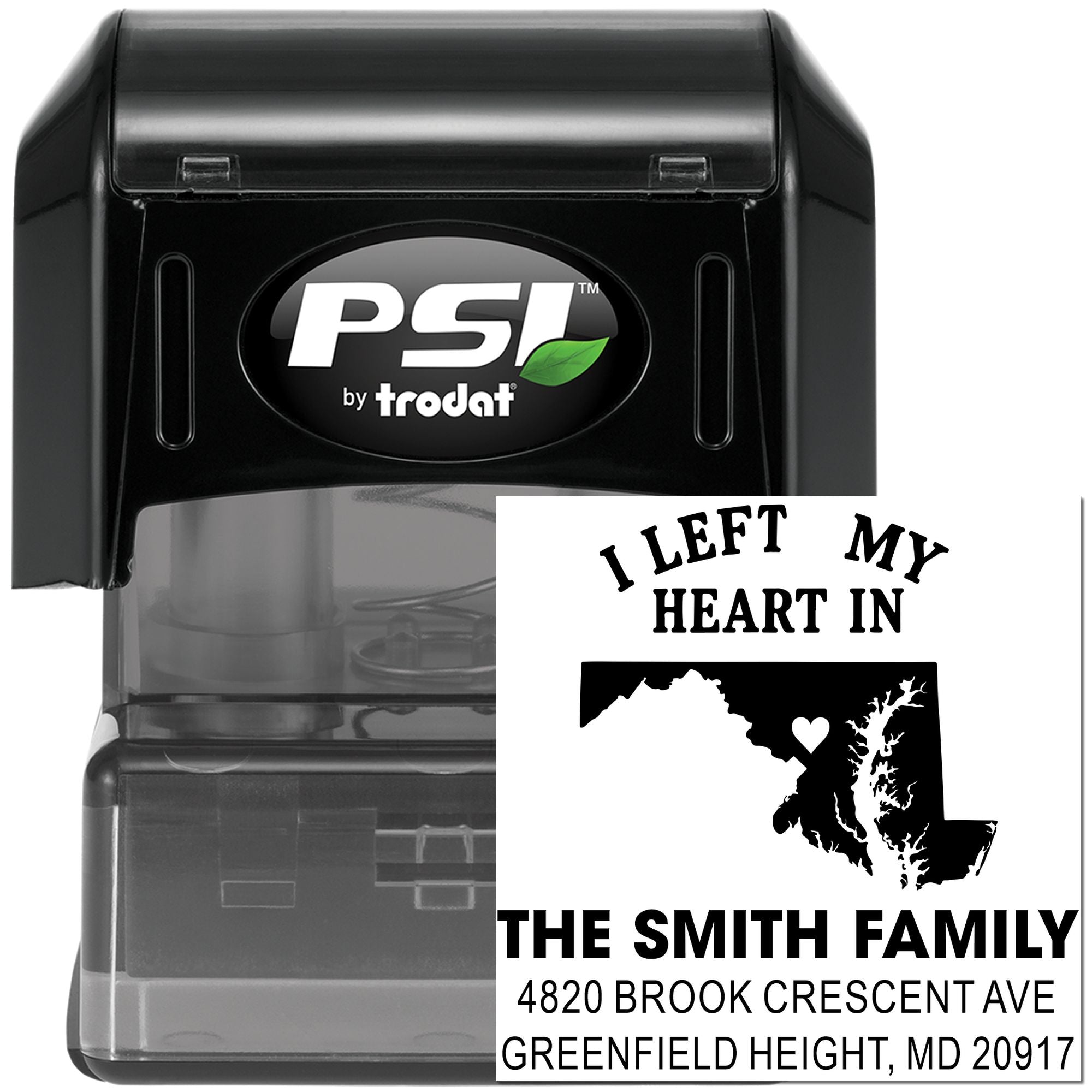 Custom PSI by Trodat self-inking return address rubber stamp with Maryland family design for personalized mailings.