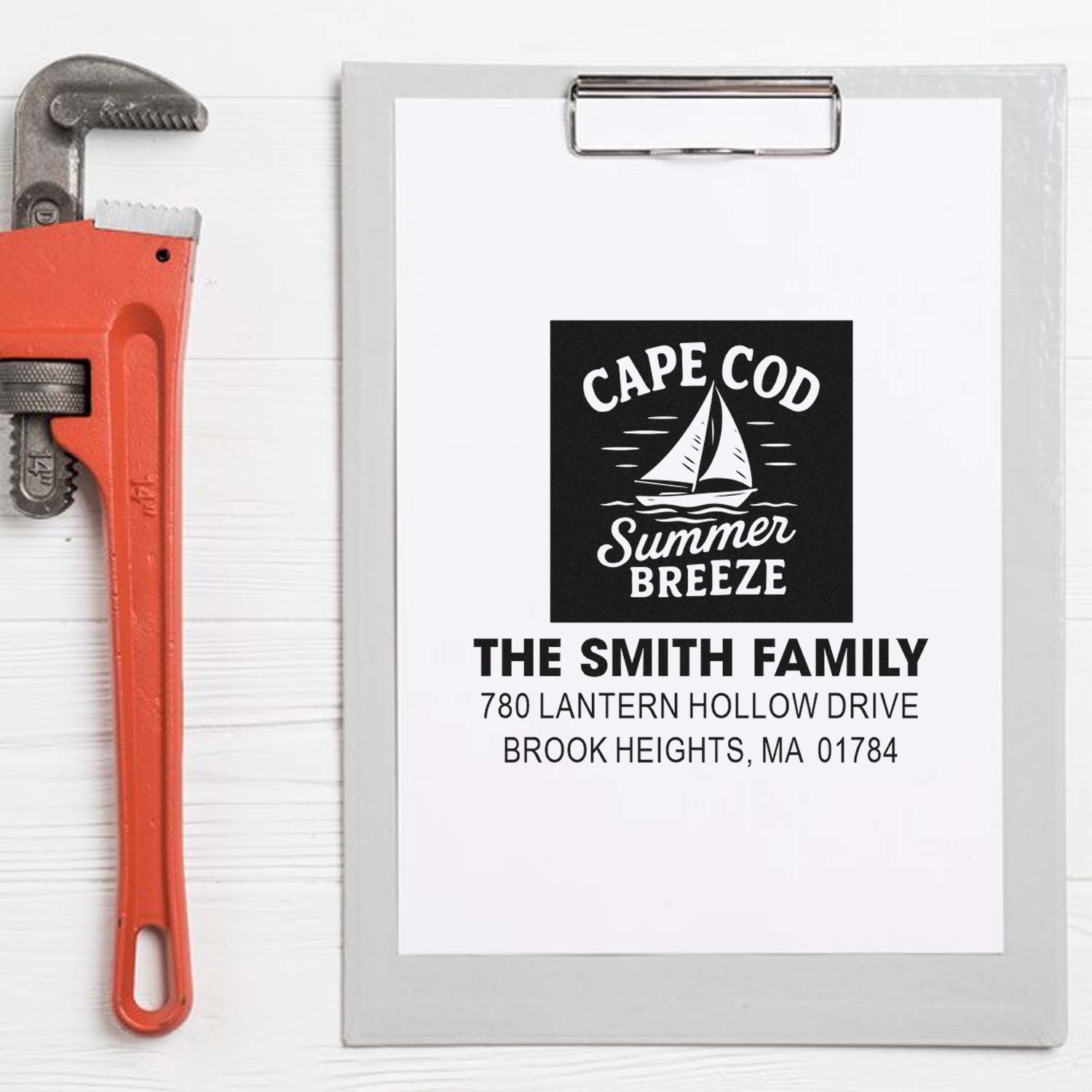 Custom Cape Cod return address rubber stamp with sailboat logo for The Smith Family, Brook Heights, MA.