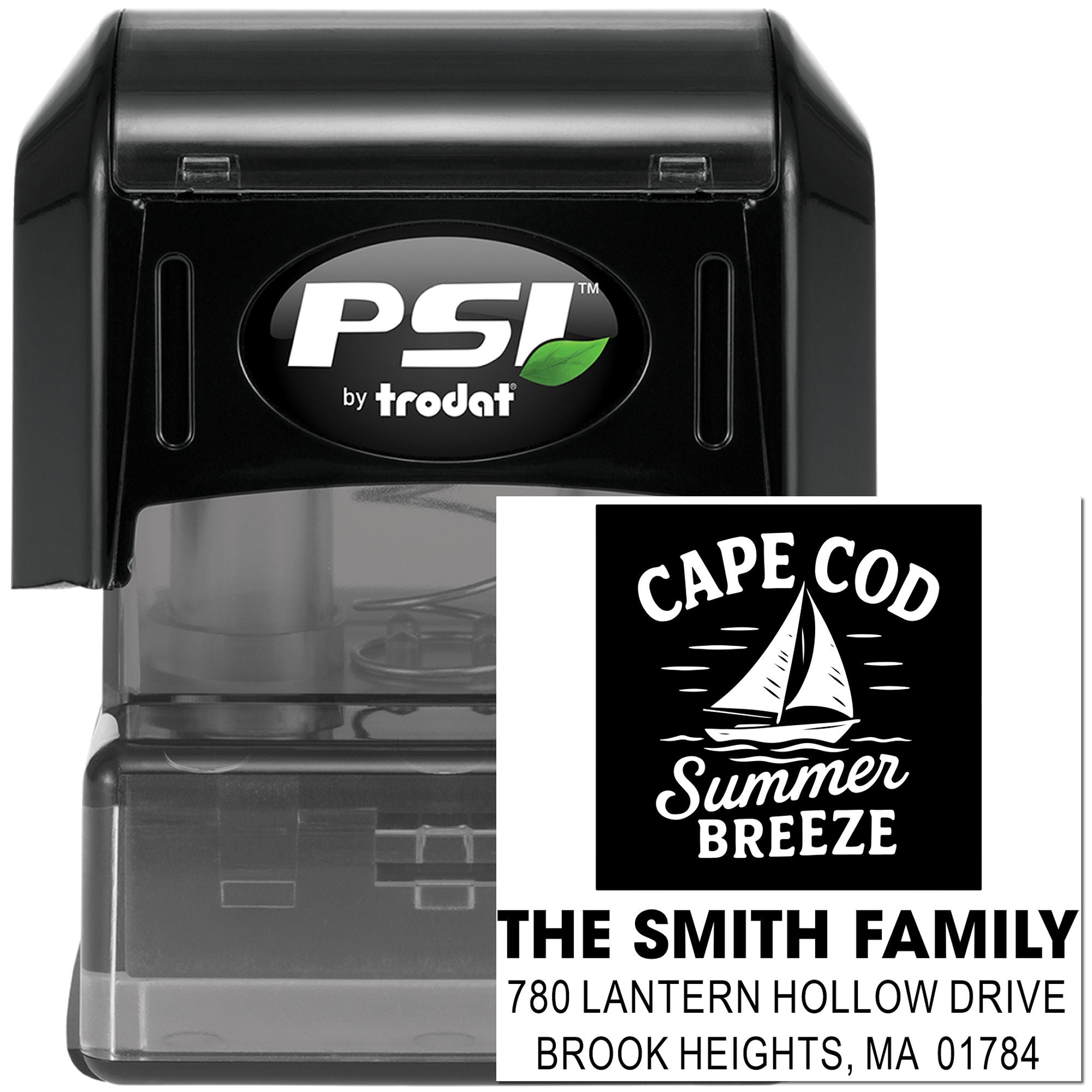Custom self-inking rubber address stamp with Cape Cod sailboat design and The Smith Family return address.