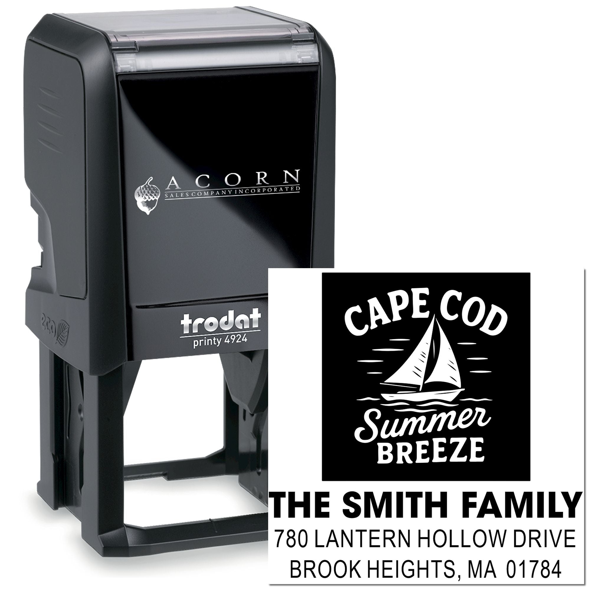 Custom self-inking address stamp with Cape Cod summer design and The Smith Family address for personalized mailing.