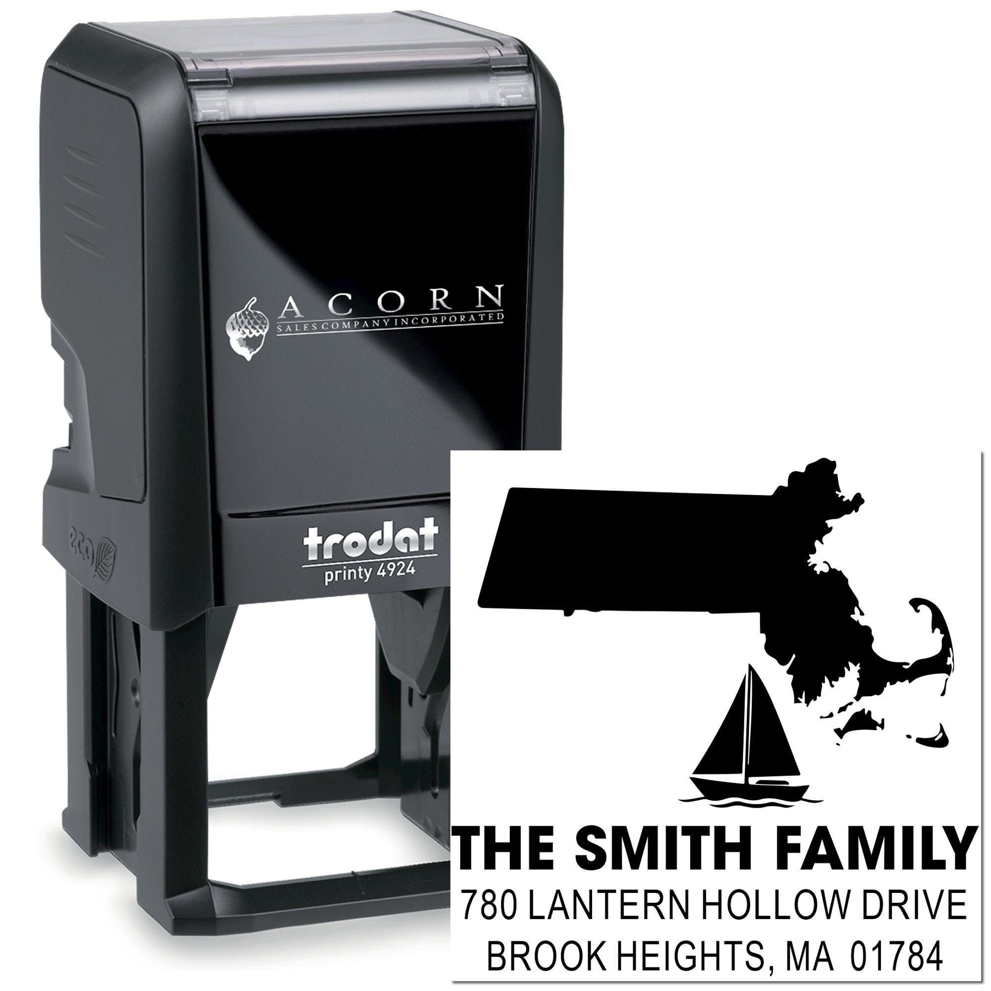 Custom self-inking rubber stamp with The Smith Family return address, Massachusetts outline and sailboat design, Trodat Printy 4924