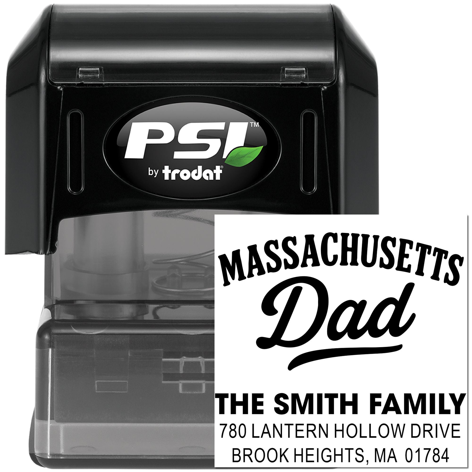 Personalized self-inking rubber stamp by PSI Trodat with Massachusetts Dad return address design
