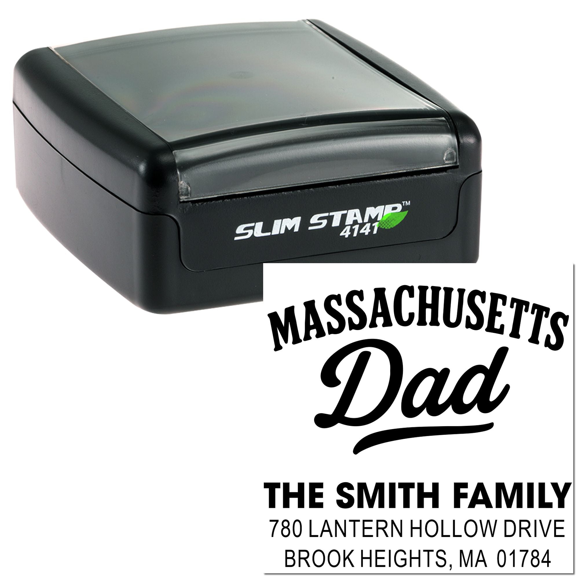 Custom self-inking rubber stamp showing a Massachusetts Dad design with the Smith family name and address imprint