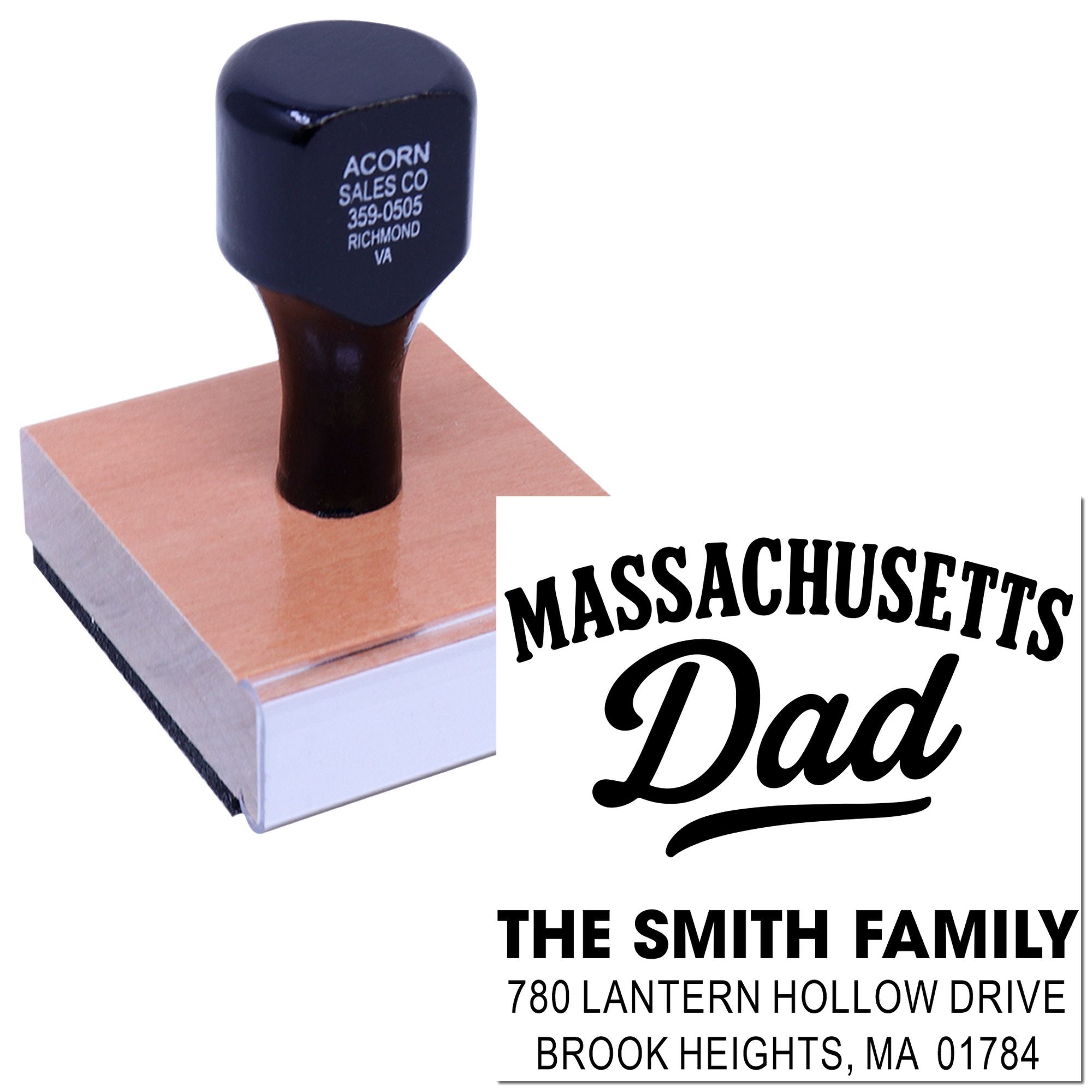 Self-inking custom rubber stamp for Massachusetts Dad return address imprint, personalized family mailing stamp.