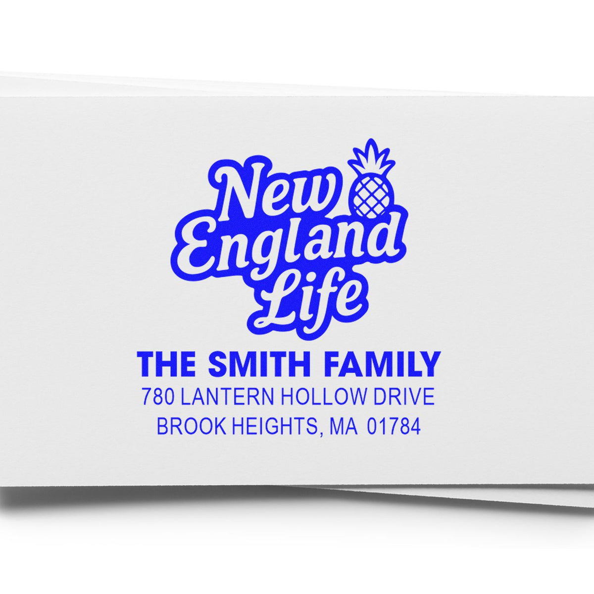 Custom New England Life return address rubber stamp for The Smith Family in Brook Heights, MA