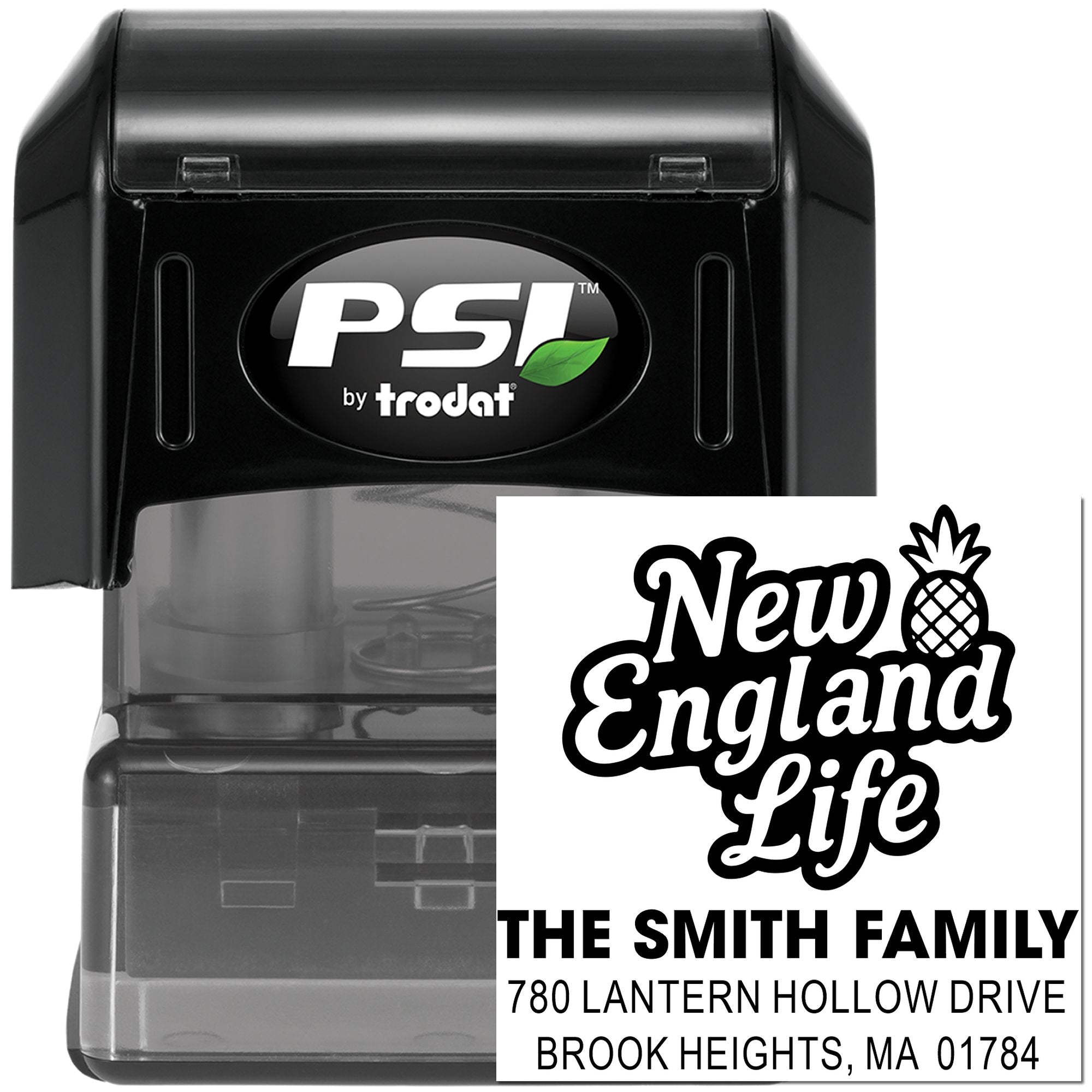 Custom self-inking rubber stamp with New England Life return address design for The Smith Family, by PSI Trodat.
