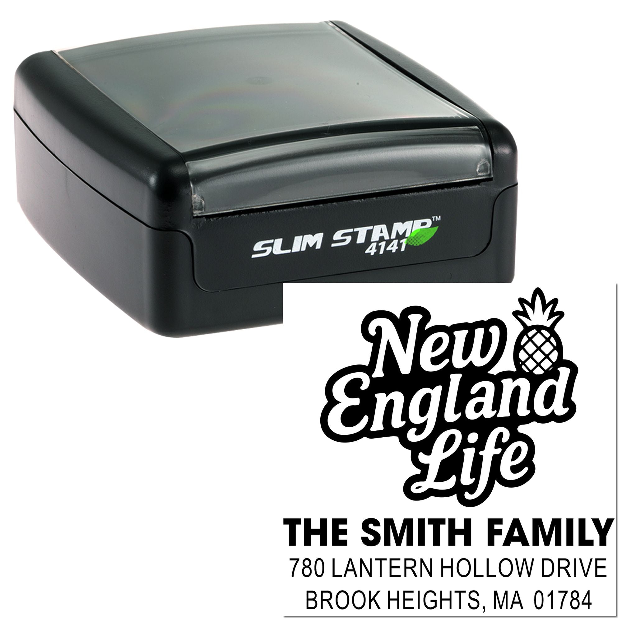 Self-inking Slim Stamp 4141 custom rubber address stamp with New England Life design and Smith family return address