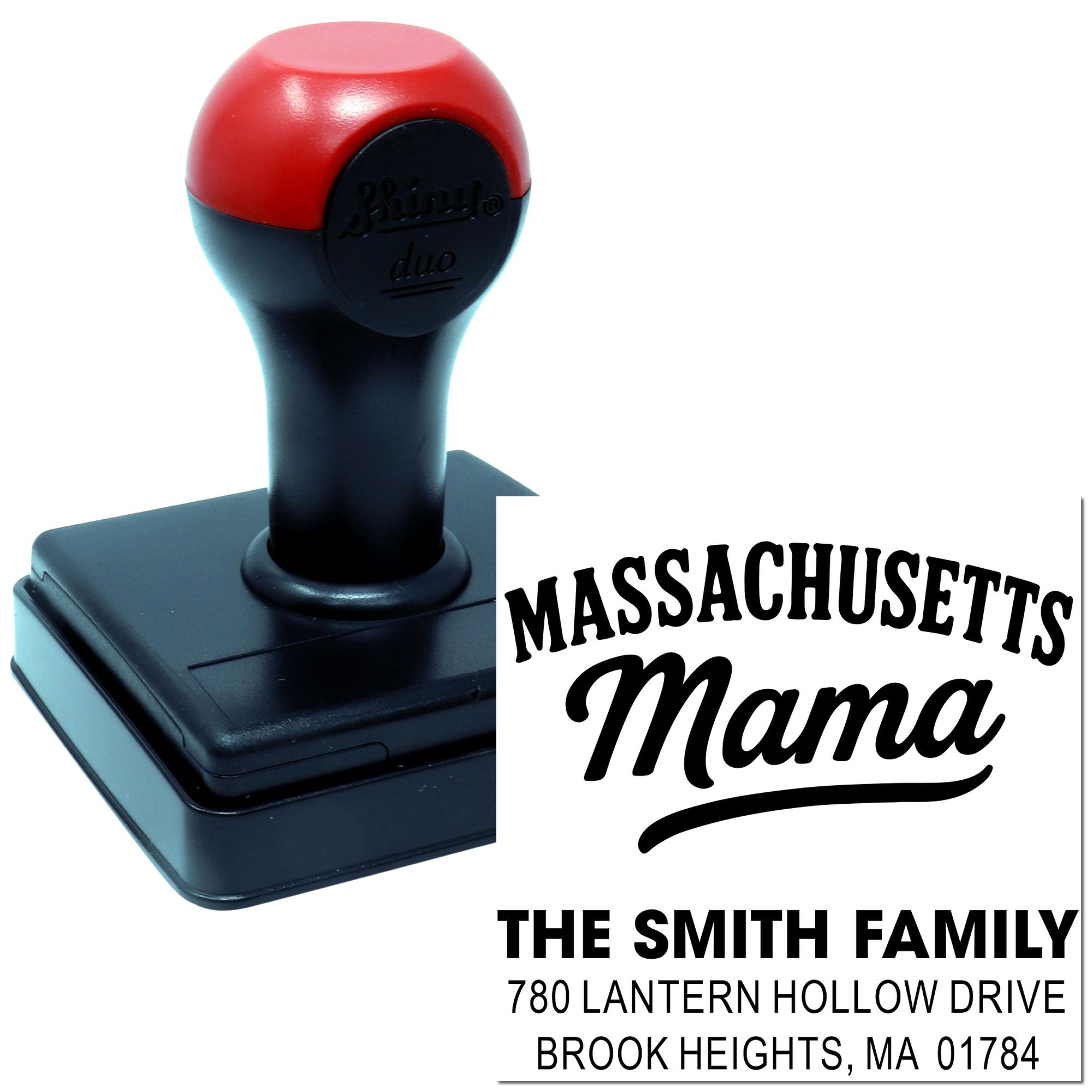 Custom rubber stamp for Massachusetts Mama with family name and return address for personalized mailing and crafts.