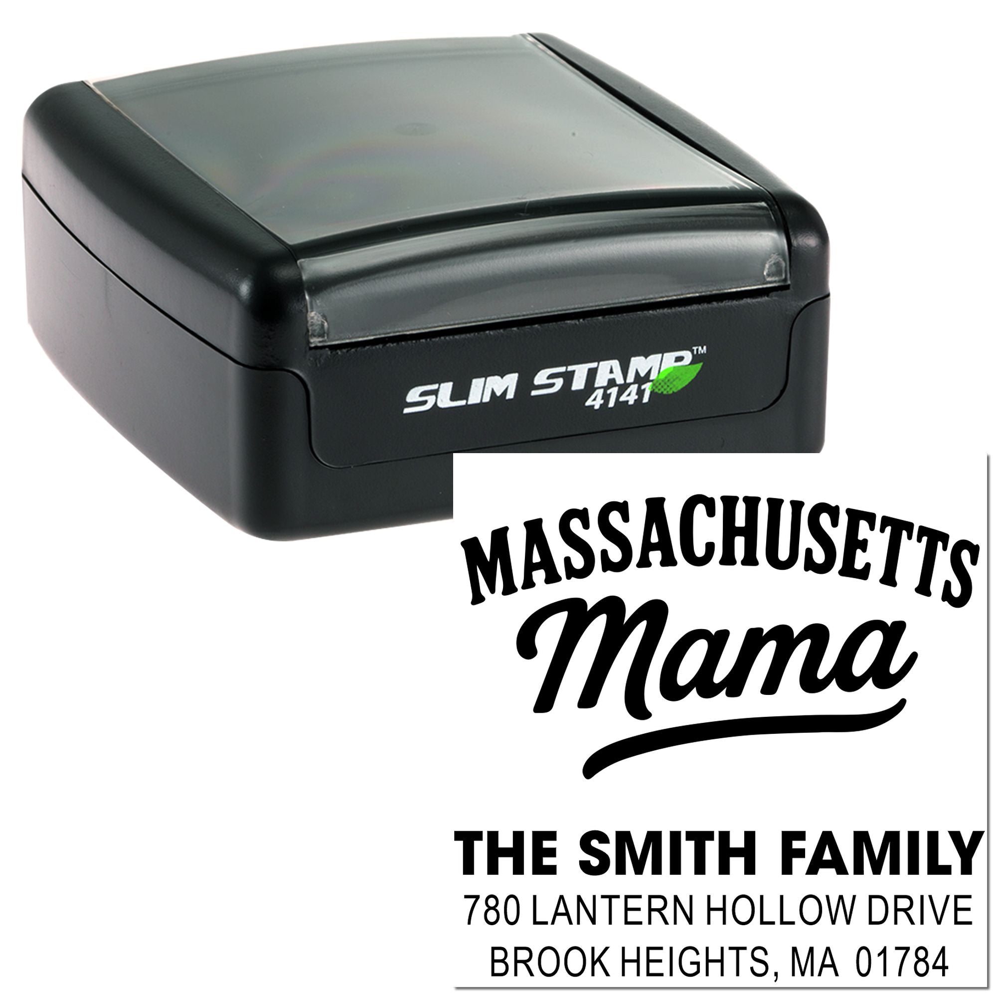 Slim Stamp 4141 custom rubber address stamp with Massachusetts Mama design and The Smith Family return address imprint.