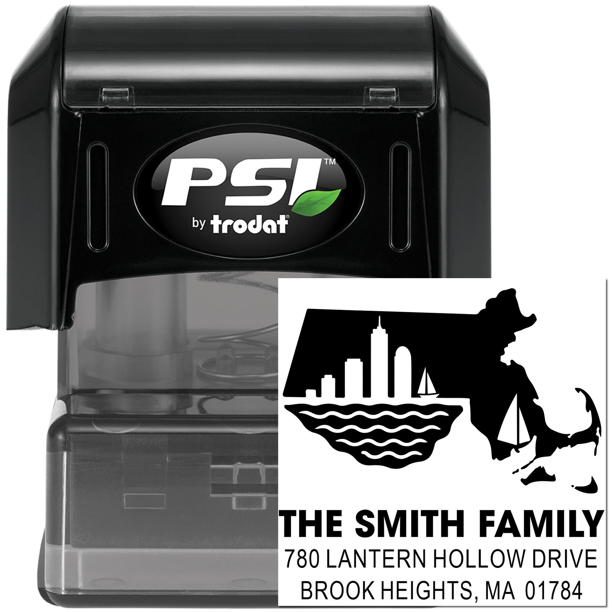 Custom self-inking return address stamp for The Smith Family with Massachusetts skyline, sailboat, and PSI by Trodat case.