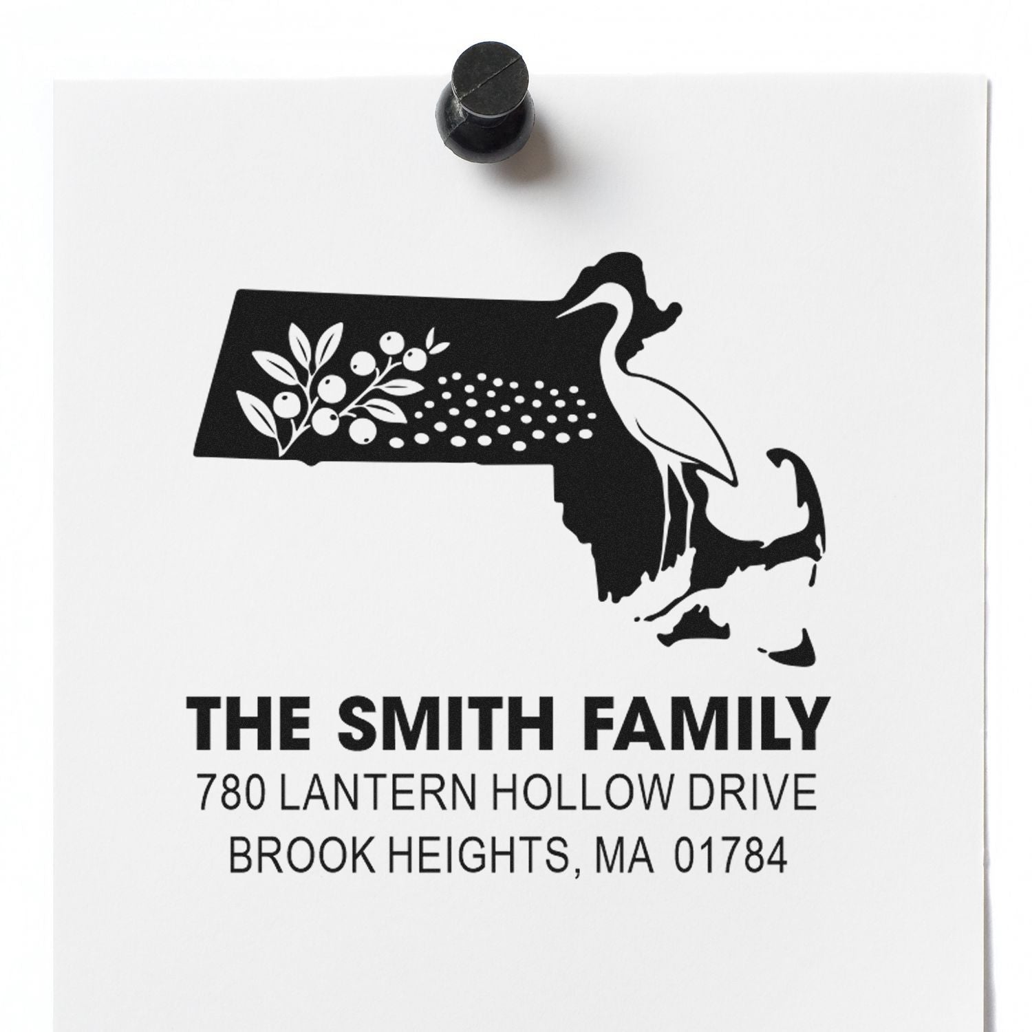 Custom family address rubber stamp with Massachusetts state outline and floral design for mailing envelopes.
